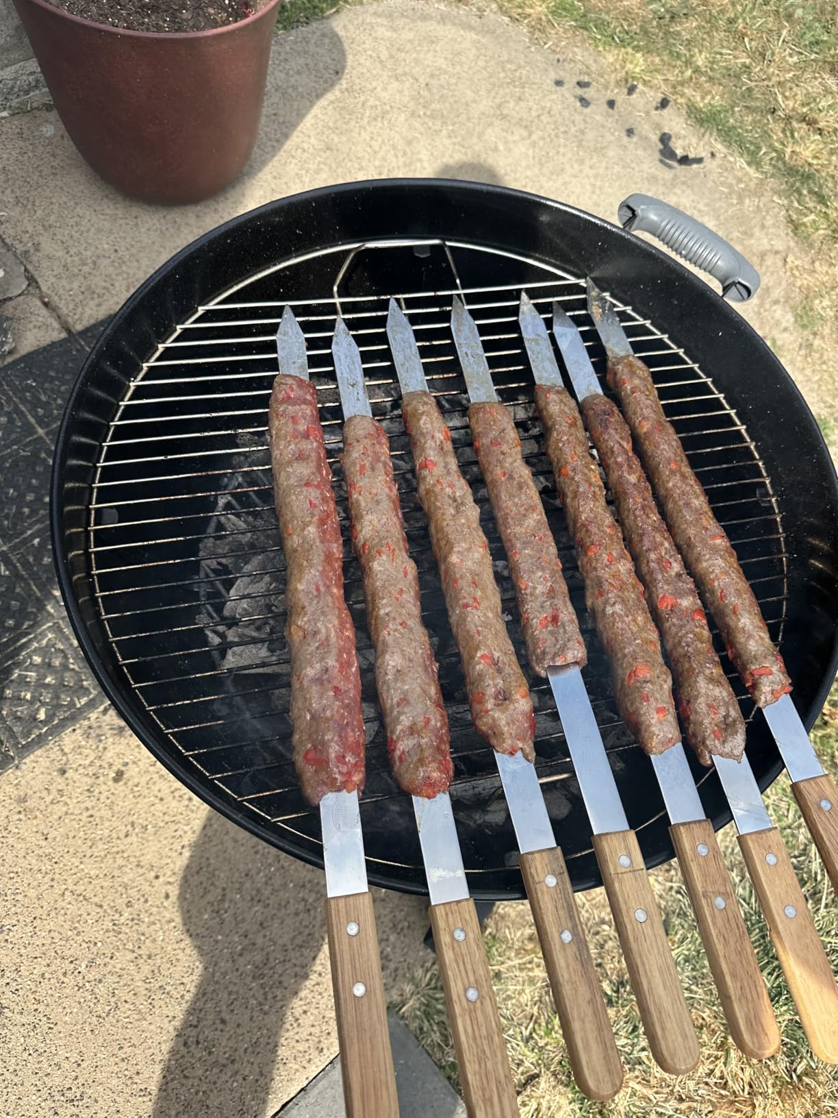 Goutime Kabob Skewers 23 Inch Long,1 Inch Wide Stainless Steel Grilling BBQ Skewer with Wood Handle for Making Koubideh Persian Brazilian Chicken Shrimp Kebab,Set of 7 with Bag customer photo 1
