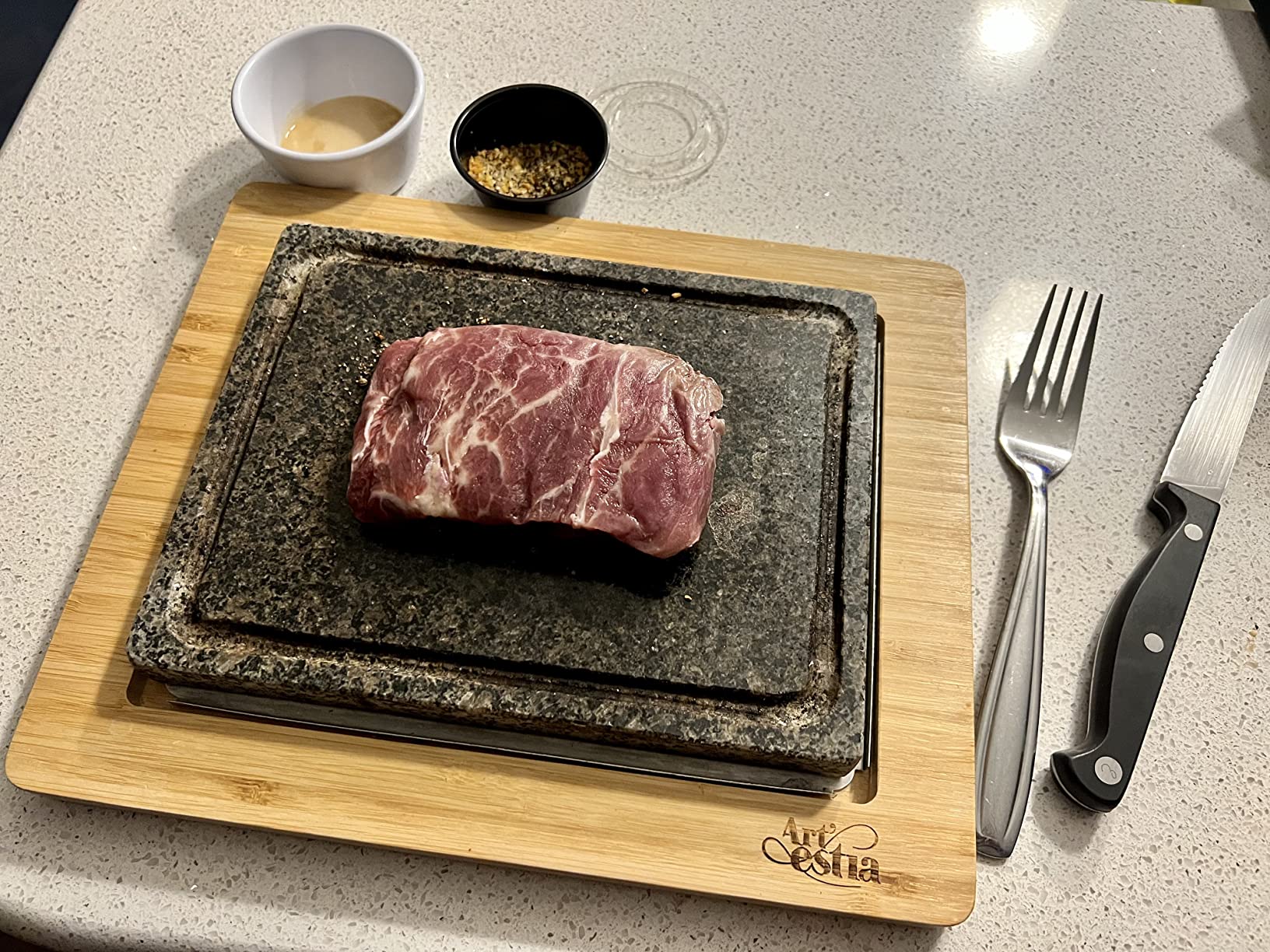 Artestia Steak Stone Grill Set with 2 Granite Stones & 1 Bamboo Tray - Restaurant-Style Hot Stone Cooking Set for Sizzling Steak, BBQ, Hibachi customer photo 1