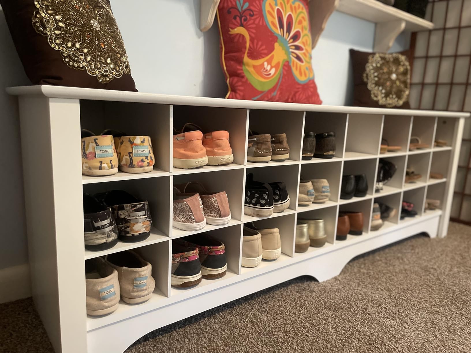 Prepac White Hall Bench with Storage and Seating: 24-Shoe Cubby Bench, Ideal White Shoe Rack for Entryway, 15.5