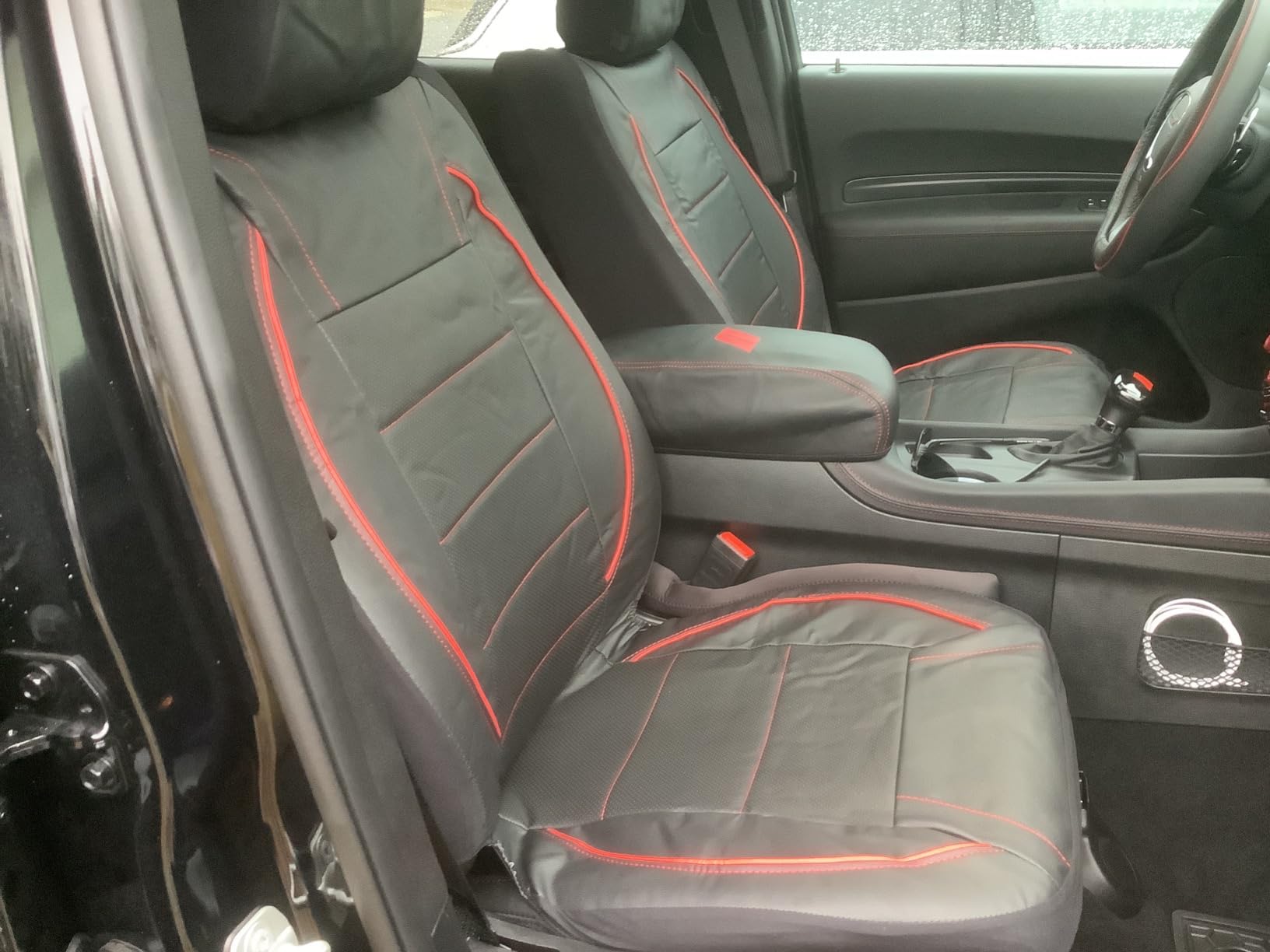 CAR PASS Universal FIT Piping Leather Two Front Seat Covers, Waterproof Faux Leather for SUV Sedan Van Truck, Airbag Compatible, Reserved Opening Holes for Headrest Covers (Black red) customer photo 2