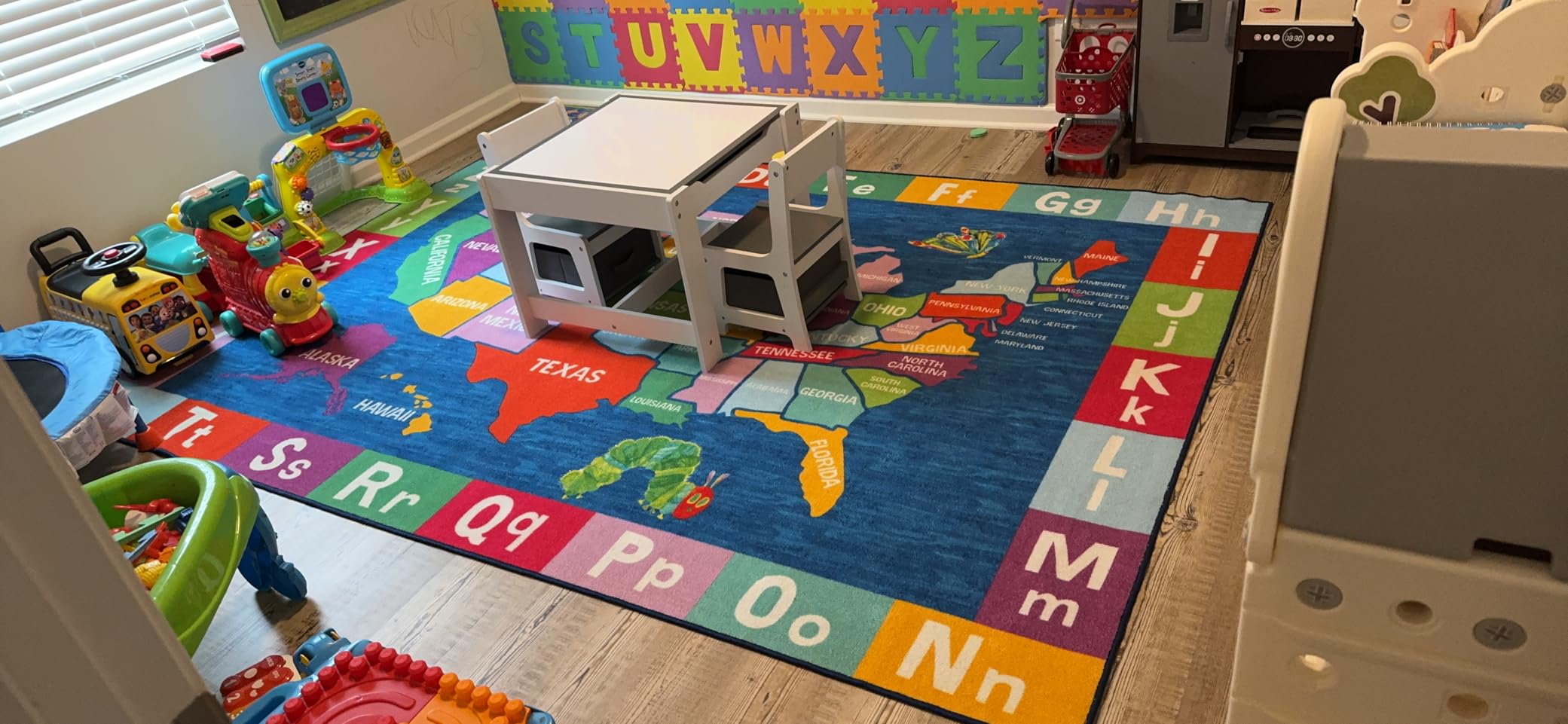 Eric Carle Elementary USA Map Kids Machine Washable Area Rug Blue/Red, 6'6