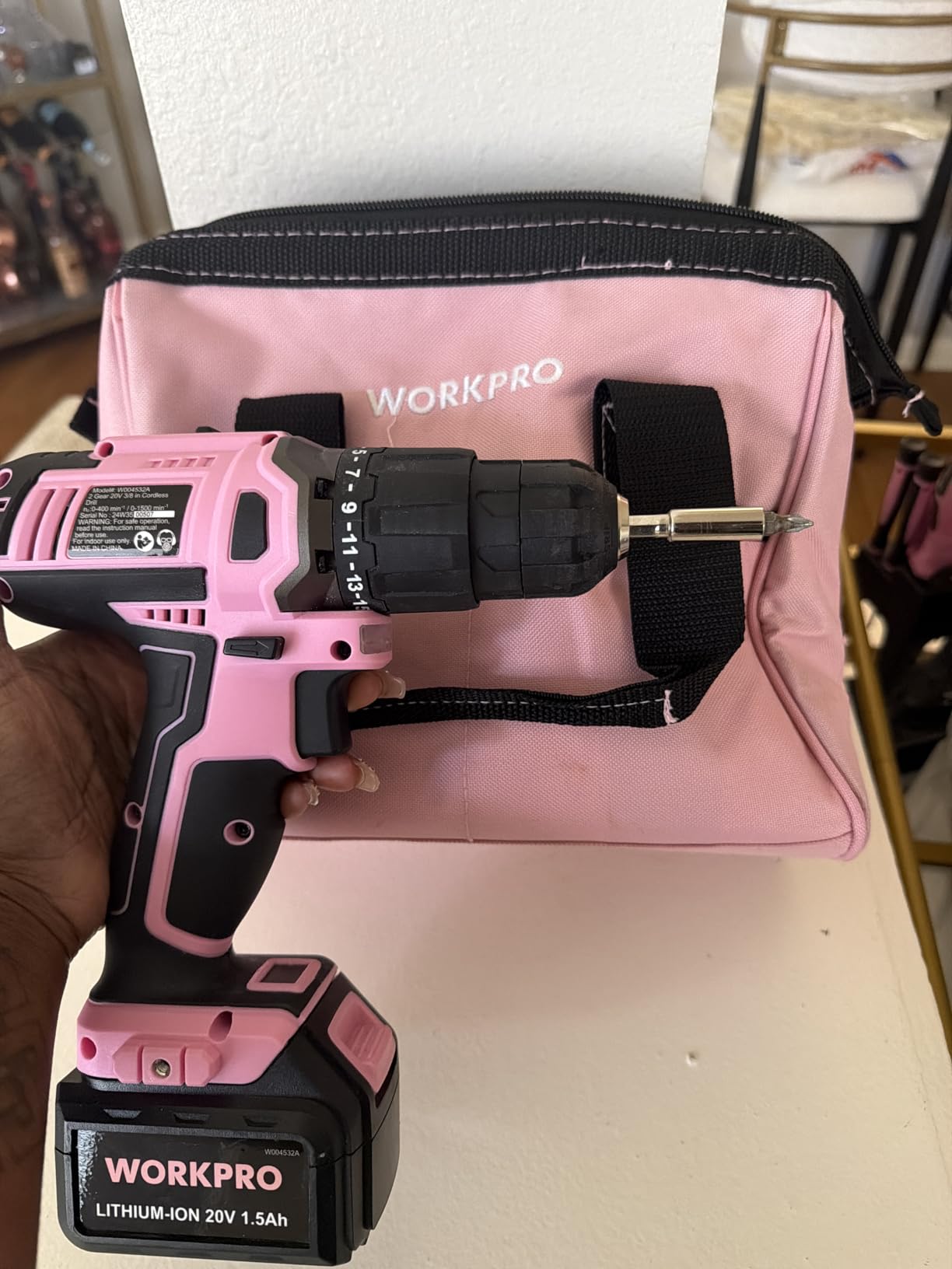 WORKPRO Pink Cordless 20V Lithium-ion Drill Driver Set, 1 Battery, Charger and Storage Bag Included - Pink Ribbon customer photo 1