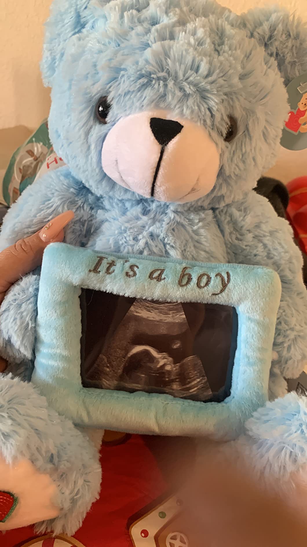 My Baby's Heartbeat Bear, 20 Second Re-Recordable Voice Recorder Plush Keepsake, 3x5 Ultrasound Frame for Baby's Heartbeat Memory, Pregnancy (Not a Medical Device), It's a Boy Blue customer photo 1