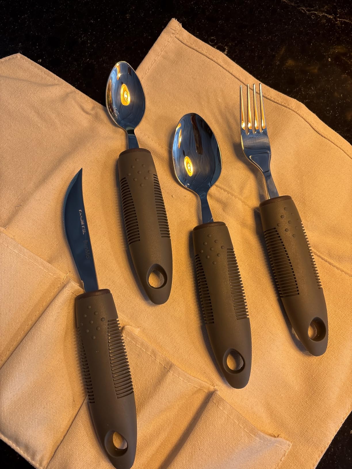 BUNMO Adaptive Utensils for Elderly, Tremors & Weak Hand Grips - 4pc Lightweight Assistive Silverware Set with Foam Easy Grip Handles - Discreet Canvas Travel Wrap - Dishwasher Safe customer photo 2