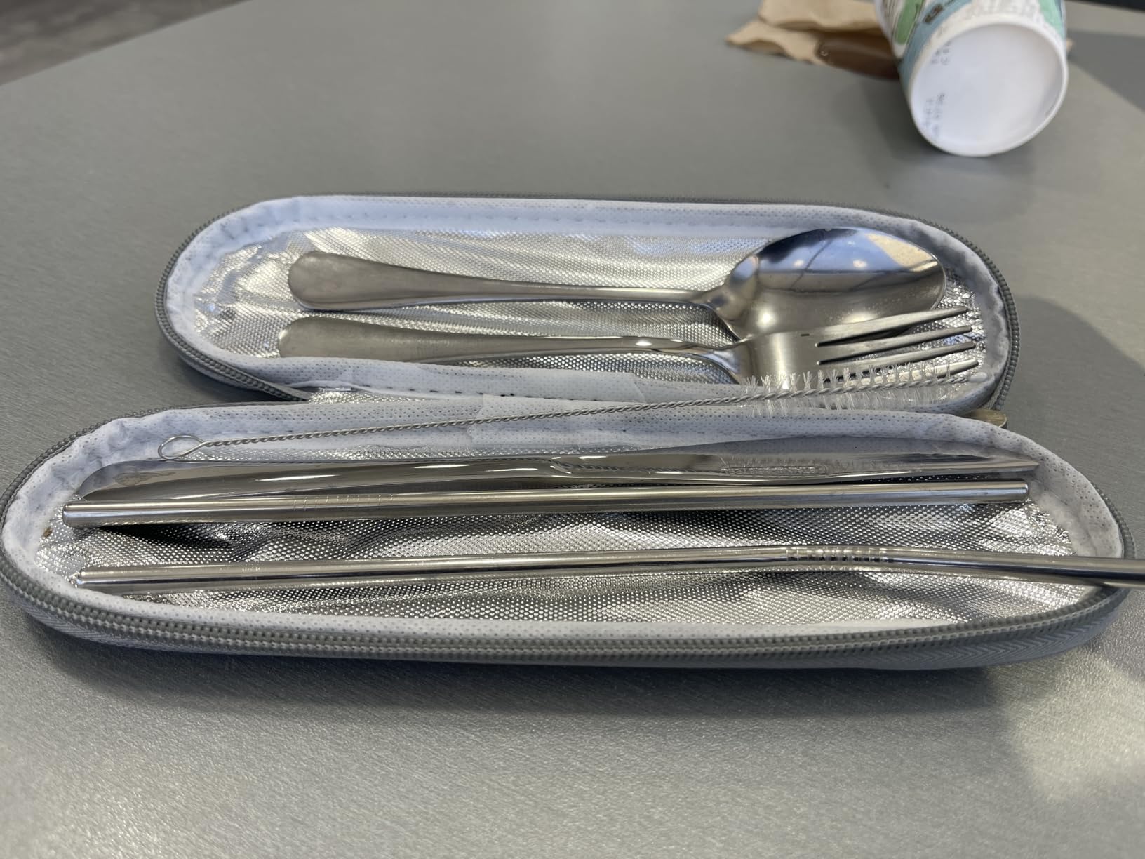 DEVICO Portable Utensils, Travel Camping Cutlery Set, 8-Piece including Knife Fork Spoon Chopsticks Cleaning Brush Straws Portable Case, Stainless Steel Flatware set (Black) customer photo 1