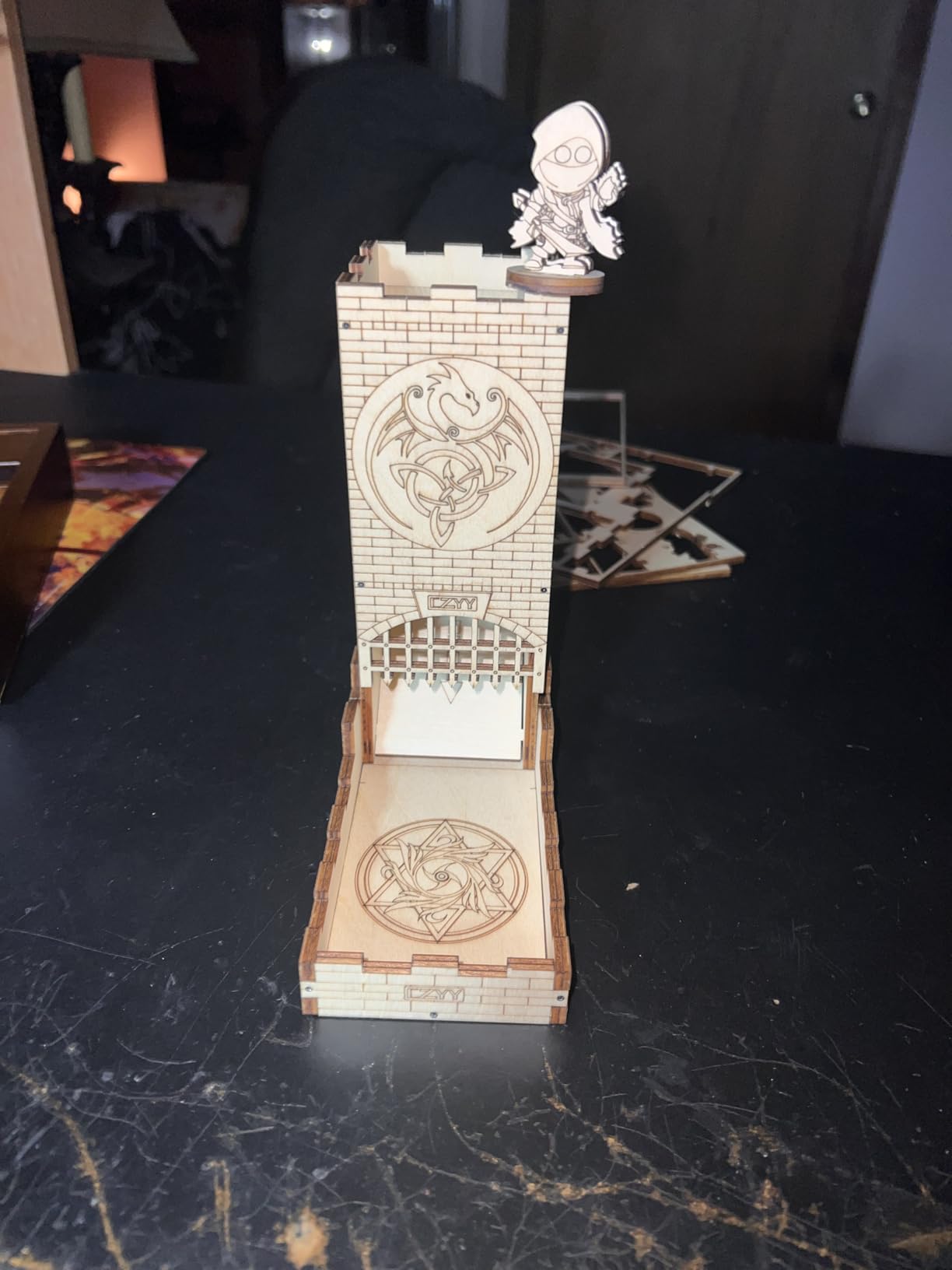 CZYY Castle Dice Tower with Tray Wood Laser Cut Dragon Carving Easy Roller Perfect for Board Game, D&D and RPG customer photo 2