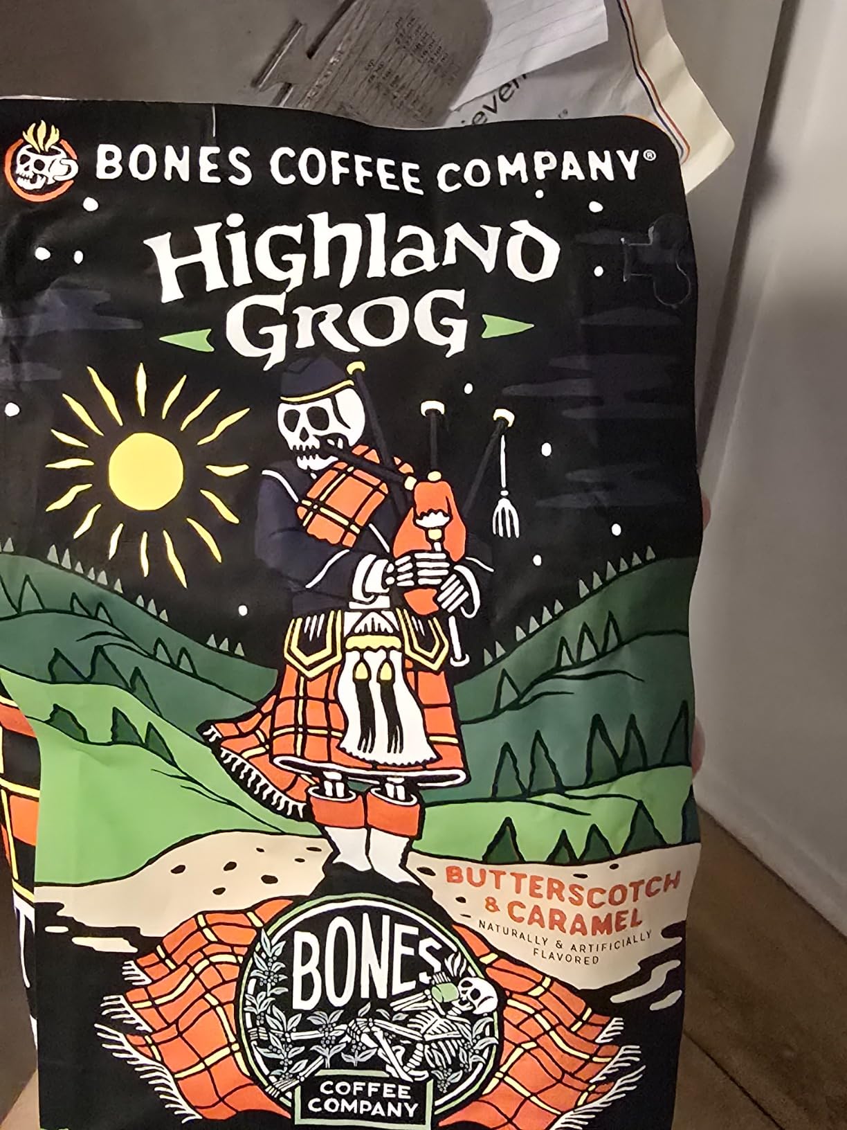 Bones Coffee Company Highland Grog, Butterscotch Caramel Flavored Coffee, Medium Roast Low Acid Arabica Beans Compatible with Auto drip and French Press Coffee Maker, 12 Oz Whole Bean customer photo 1