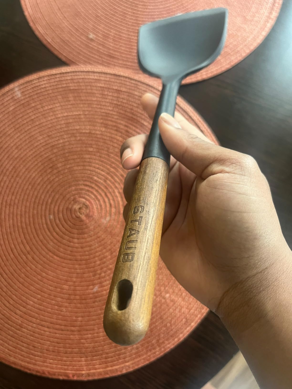 STAUB Wok Spatula, Perfect for Scooping, Flipping, Stirring, and Turning Stir Fries, One Size, Durable BPA-free Matte Black Silicone, Acacia Wood Handles, Safe for Nonstick Cooking Surfaces customer photo 1
