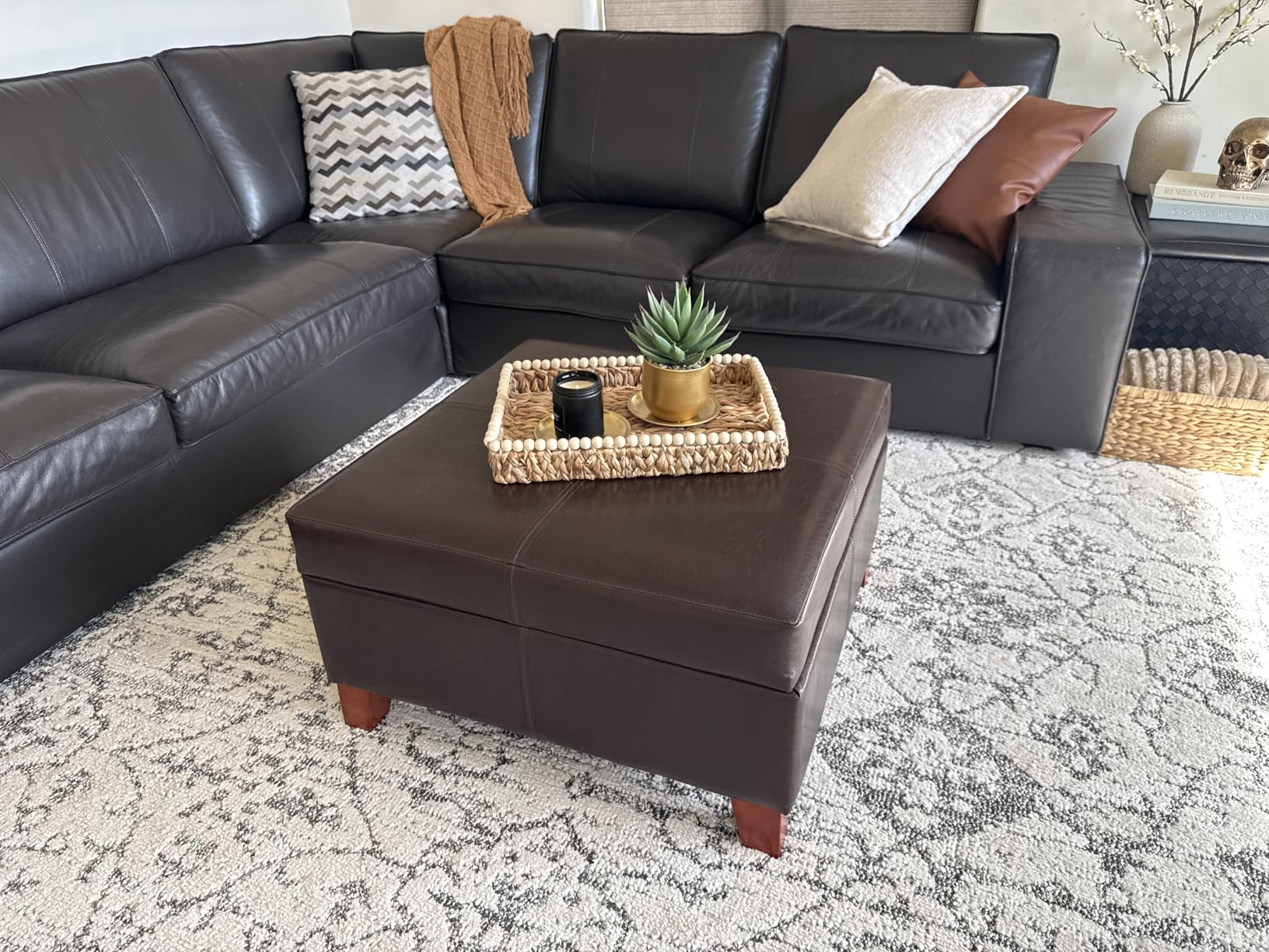 HomePop Faux Leather Square Storage Ottoman with Wood Legs, Brown customer photo 1