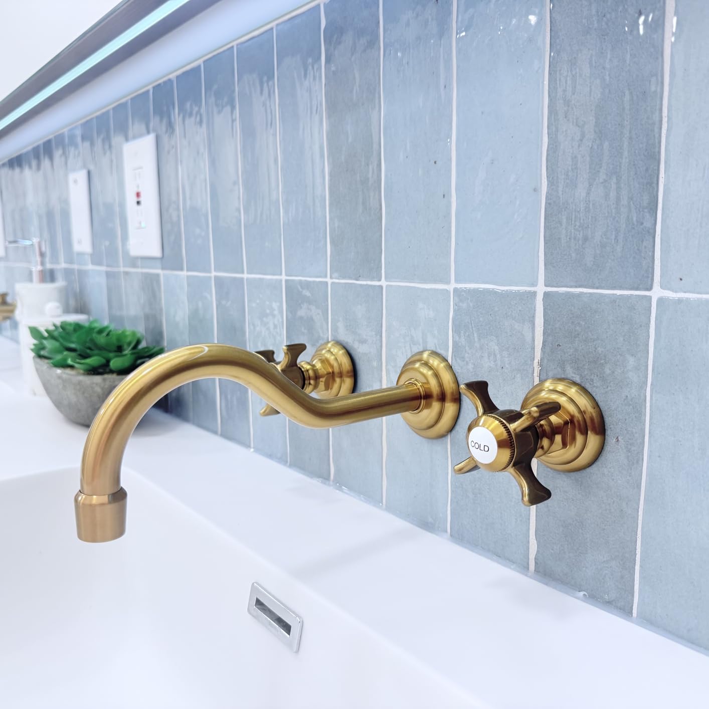 SITGES Antique Wall Faucet, Two Handle Bathroom Sink Wall Mount Faucet with Rough in Valve Included, Gold Brushed customer photo 2