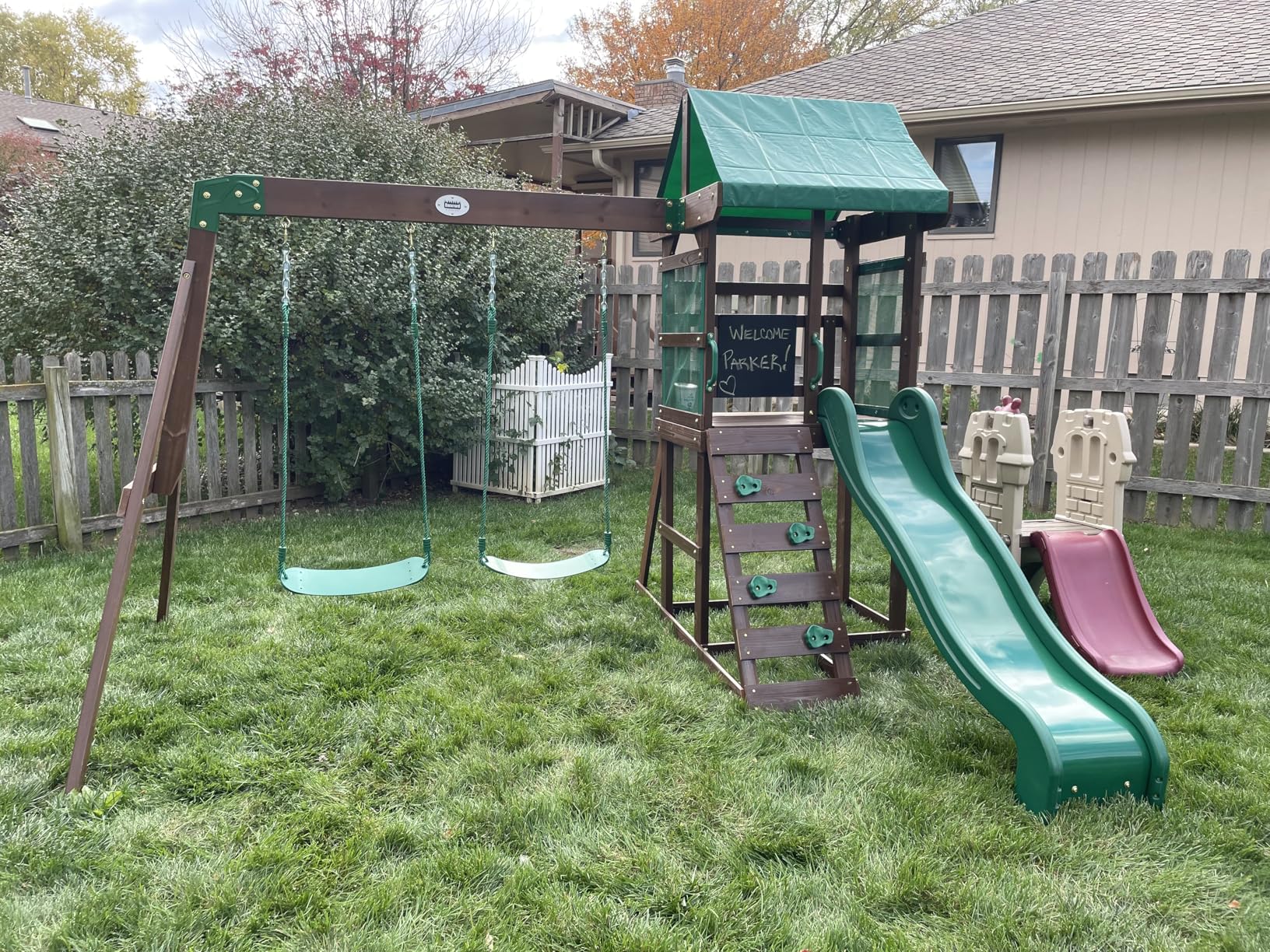 Backyard Discovery Buckley Hill Cedar Wood Swing Set with Wave Slide, Play Deck, Rock Wall Ladder, Belt Swings, Chalkboard, Canopy Roof, Outdoor Playset customer photo 2