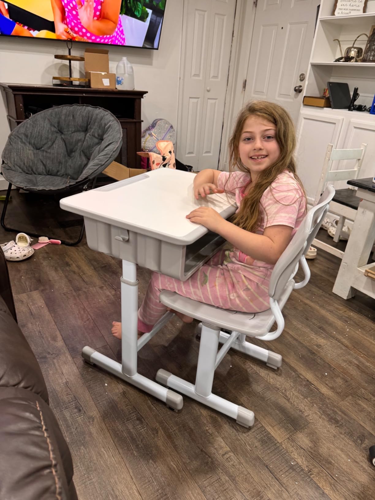Student Desk and Chair Combo, Height Adjustable School Desk and Chair Workstation with Drawer, Pencil Grooves and Hanging Hooks for Home, School and Training (Black&White) customer photo 1