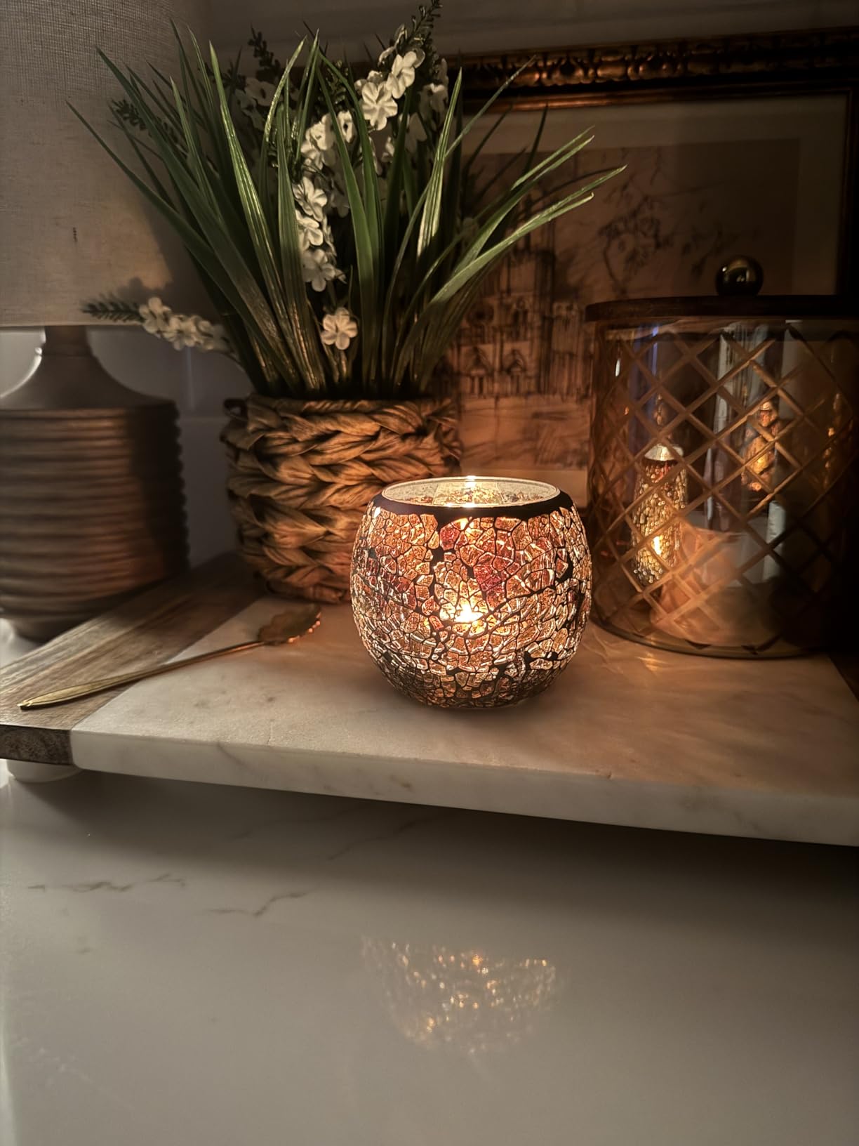Scented Candle Holder Mosaic Glass Tea Light Holder, Handmade Romantic Glass Tealight Candle Holder for Aromatherapy, Party Decor customer photo 1
