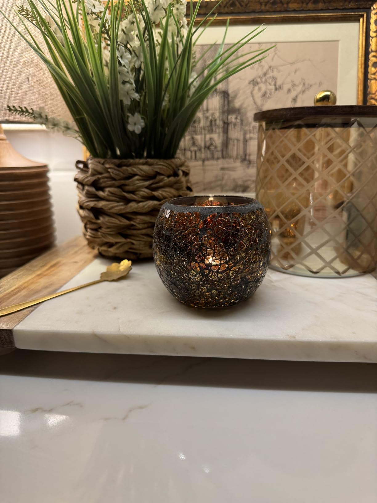 Scented Candle Holder Mosaic Glass Tea Light Holder, Handmade Romantic Glass Tealight Candle Holder for Aromatherapy, Party Decor customer photo 2