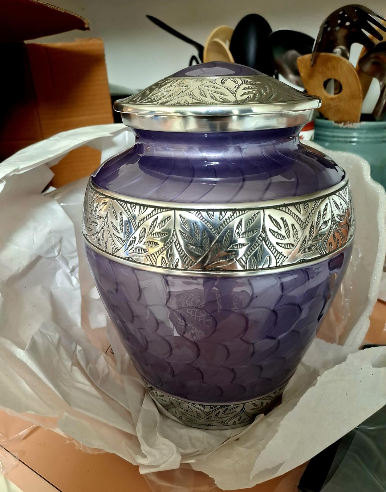 Trupoint Memorials Cremation Urn for Ashes for Women Female, Urns for Human Ashes Male, Engraved Mother of Pearl Funeral Urn for Adult Man, Silver Lining Large White customer photo 1