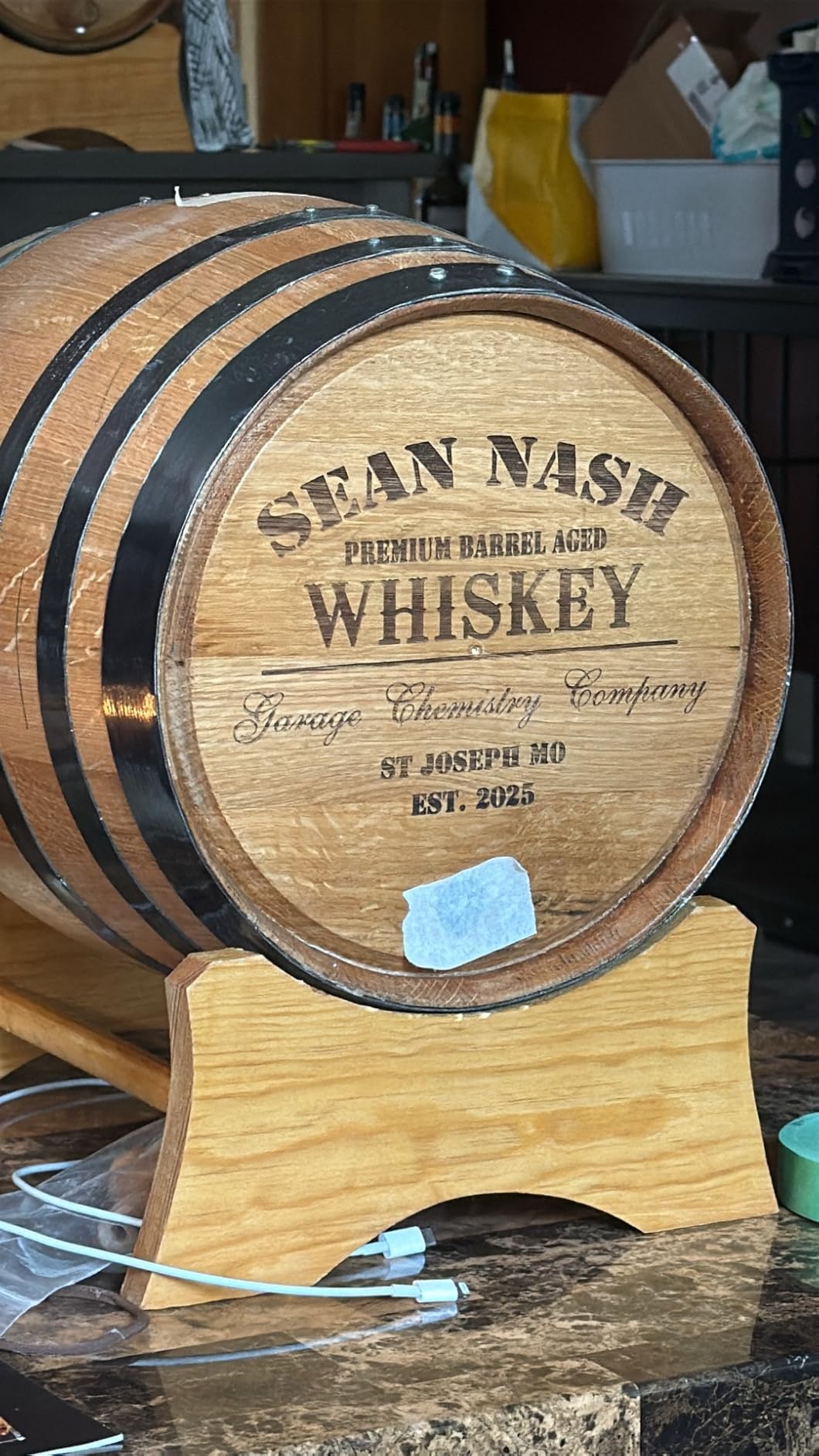 Personalized 2 Liter American Oak Whiskey Aging Barrel with Wood Stand, Bung & Spigot - 2L Mini Barrels For Aging Cocktails, Bourbon, Whisky, Rum, Tequila, Mead Wine - Custom Laser Engraved (P5) customer photo 1