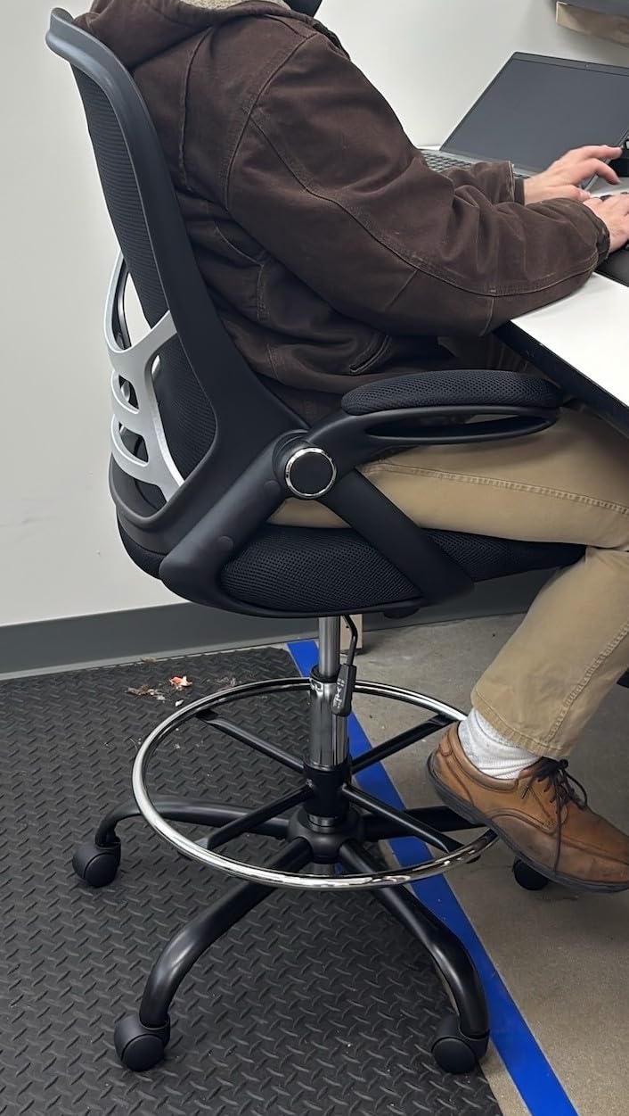 HYLONE Drafting Chair Tall Office Chair High-Back Mesh Standing Desk Stool with Adjustable Footrest Ring and Flip-Up Arms (Black) customer photo 1