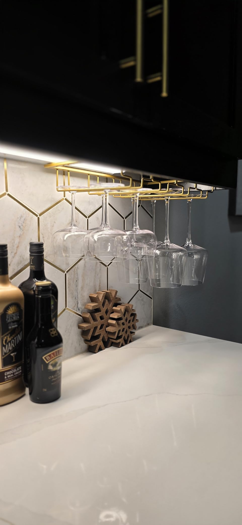 Nuovoware Wine Glass Rack - Under Cabinet Stemware Wine Glass Hanger Rack Holder for Bar Kitchen Cabinet, 3 Rows - Gold customer photo 1