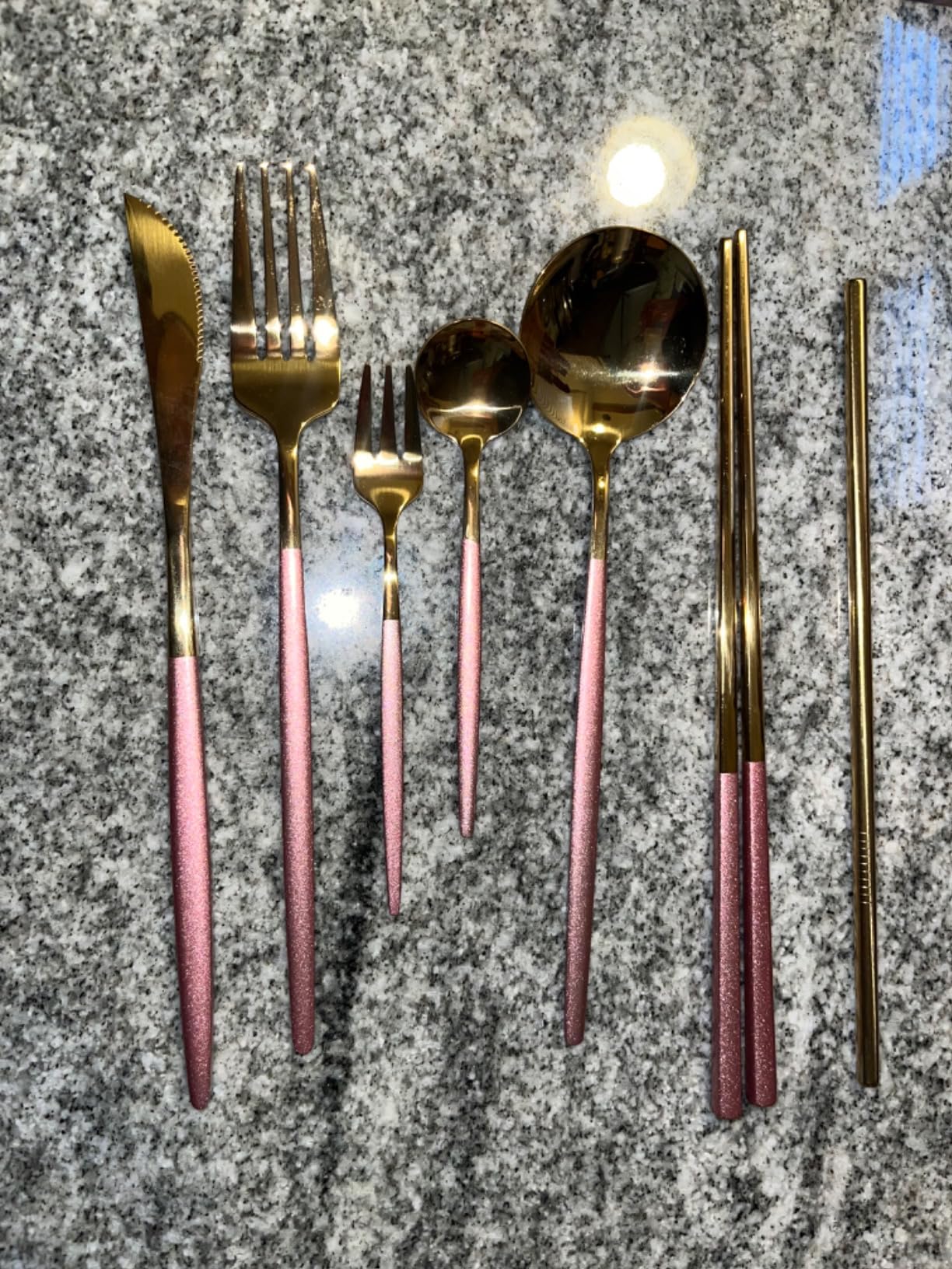 AARAINBOW 8 Pieces Stainless Steel Flatware Set Portable Reusable Cutlery Set Travel Utensils Set Including Chopsticks Knife Fork Spoon Straws Cleaning Brush Dishwasher Safe (Pink Golden) customer photo 2