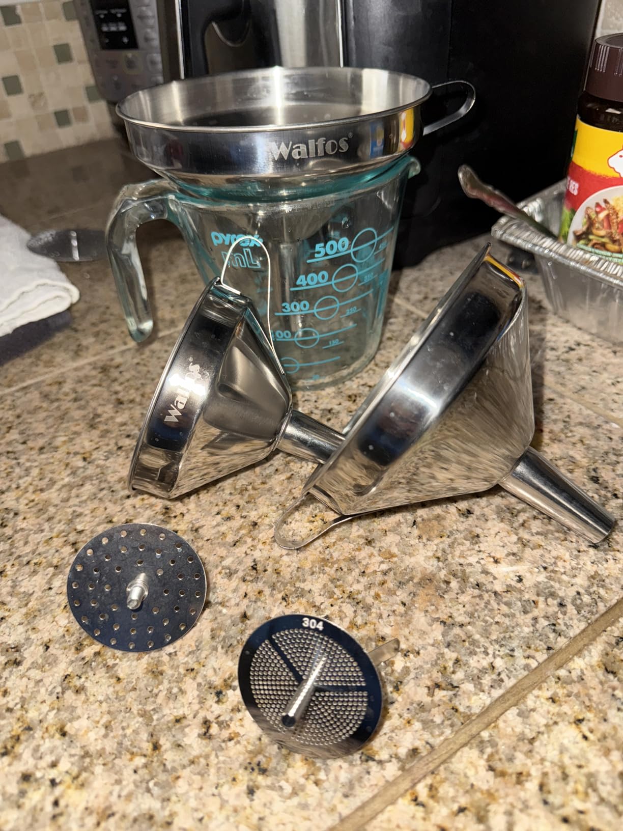 Stainless Steel Funnel, Walfos 3 Pack Kitchen Funnel with 2 Removable Strainer & 1Pcs Cleaning Brush, Perfect for Transferring of Liquid, Oils, Jam, Dry Ingredients & Powder customer photo 1