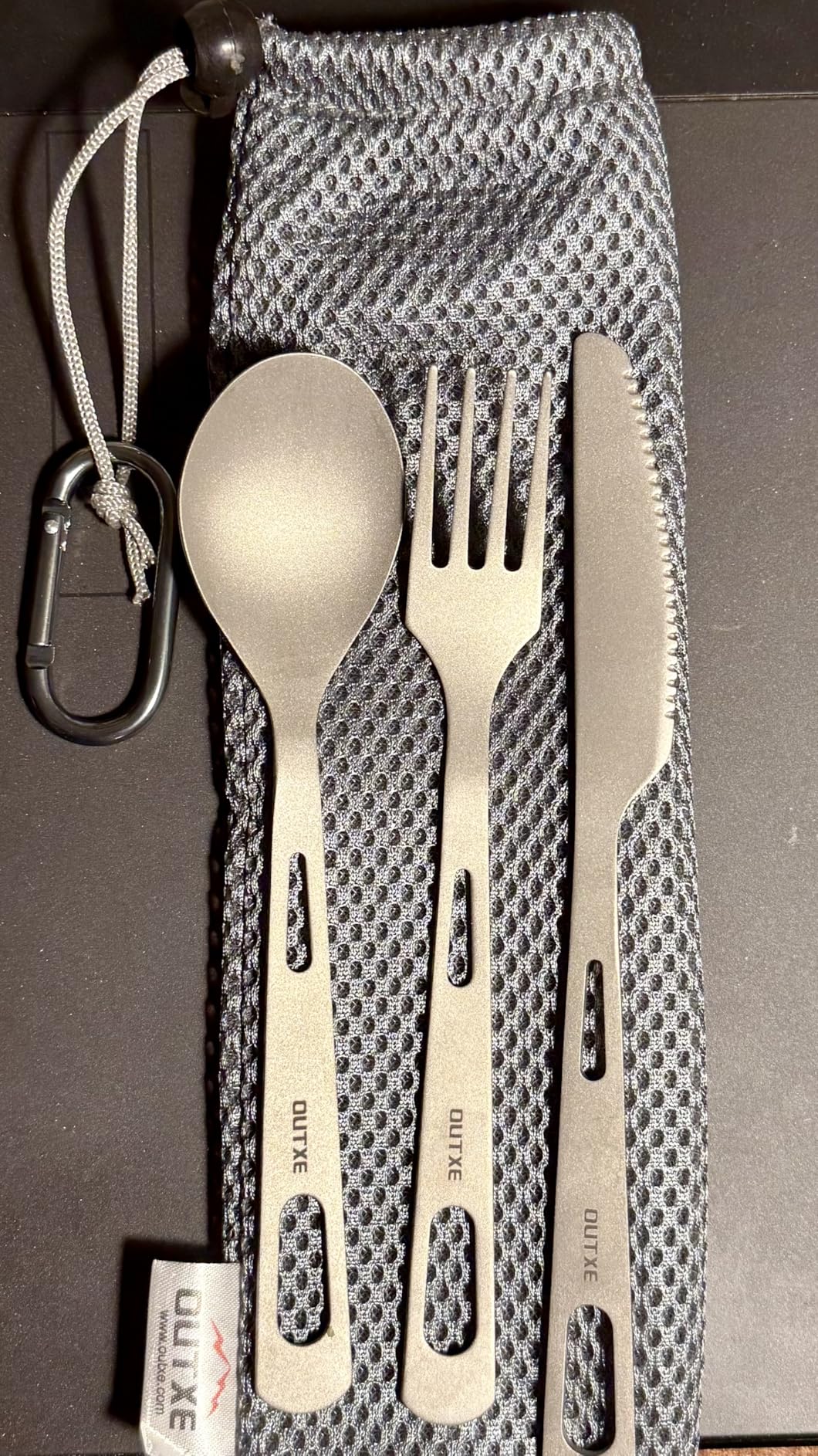 OUTXE Titanium Flatware Knife Fork Spoon Set Lightweight Ti Camping Utility Cutlery Set with Carrying Bag for Traveling Picnic Hiking customer photo 2