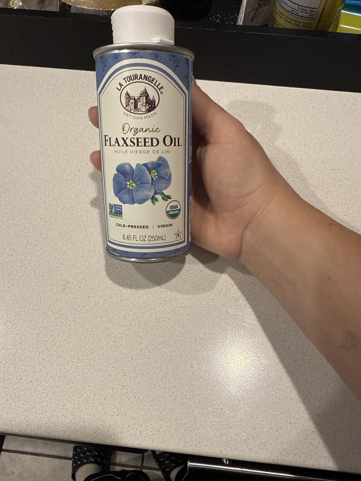 La Tourangelle, Organic Flaxseed Oil, Essential Omega-3 to Improve Heart Health, Vegan, Non-GMO, Gluten-Free, Kosher, Cast Iron Seasoning, 8.45 Fl Oz customer photo 1