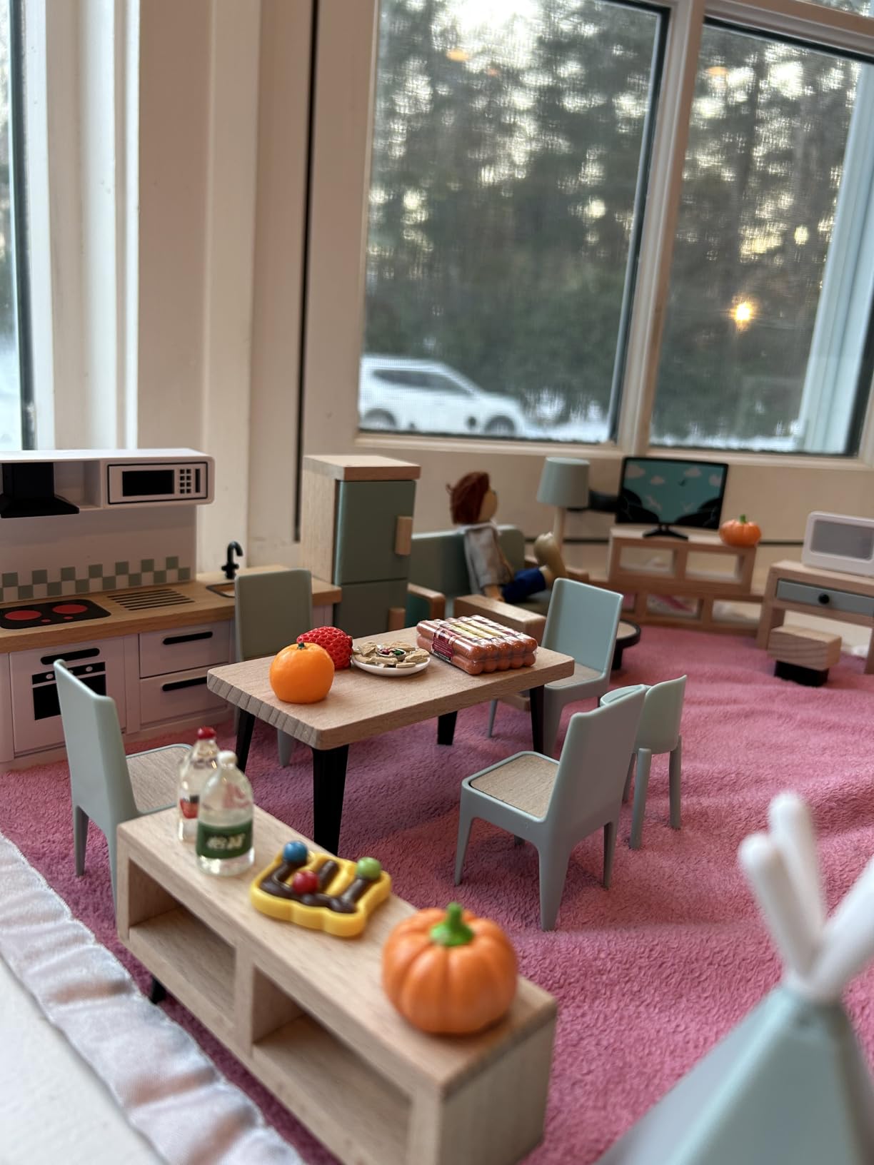 Giant bean 36pcs Wooden Dollhouse Furniture Set 5 Rooms 4 Family Dolls, Wood and Plastic Blue Dollhouse Accessories customer photo 1