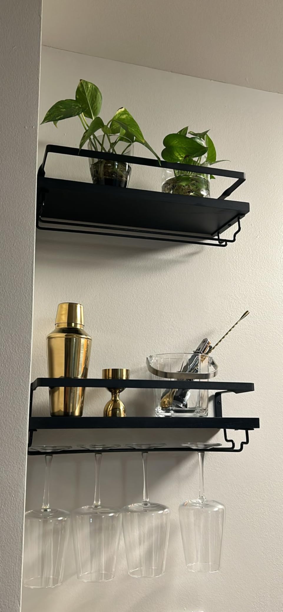 Mkono Wall Mounted Wine Rack Set of 2 Wood Shelf Rustic Wine Bottle Glass Floating Shelves with Stemware Hanger Modern Plants Photos Wine Display Storage Holder for Kitchen Dining Room Bar, Black customer photo 1