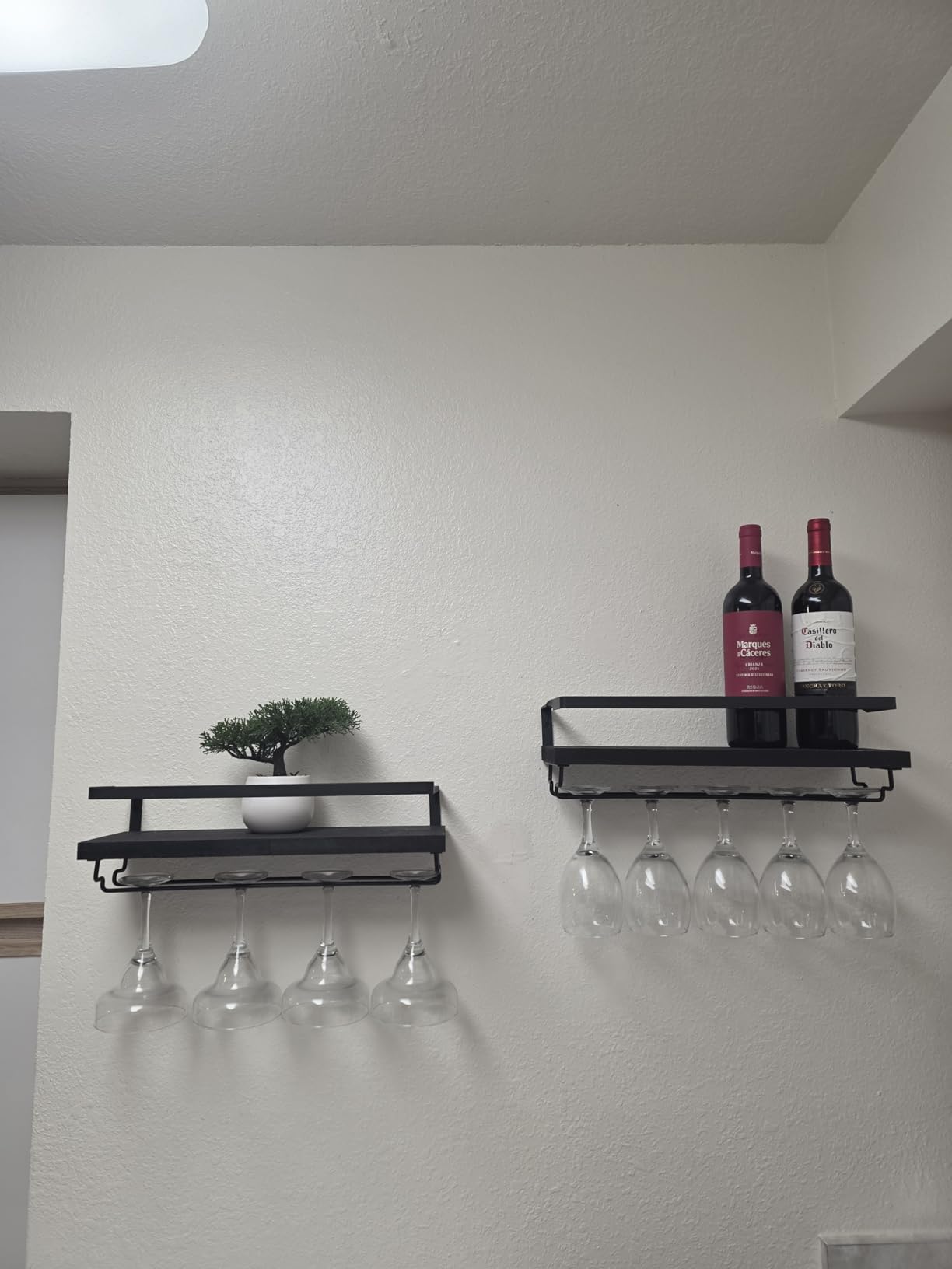 Mkono Wall Mounted Wine Rack Set of 2 Wood Shelf Rustic Wine Bottle Glass Floating Shelves with Stemware Hanger Modern Plants Photos Wine Display Storage Holder for Kitchen Dining Room Bar, Black customer photo 2