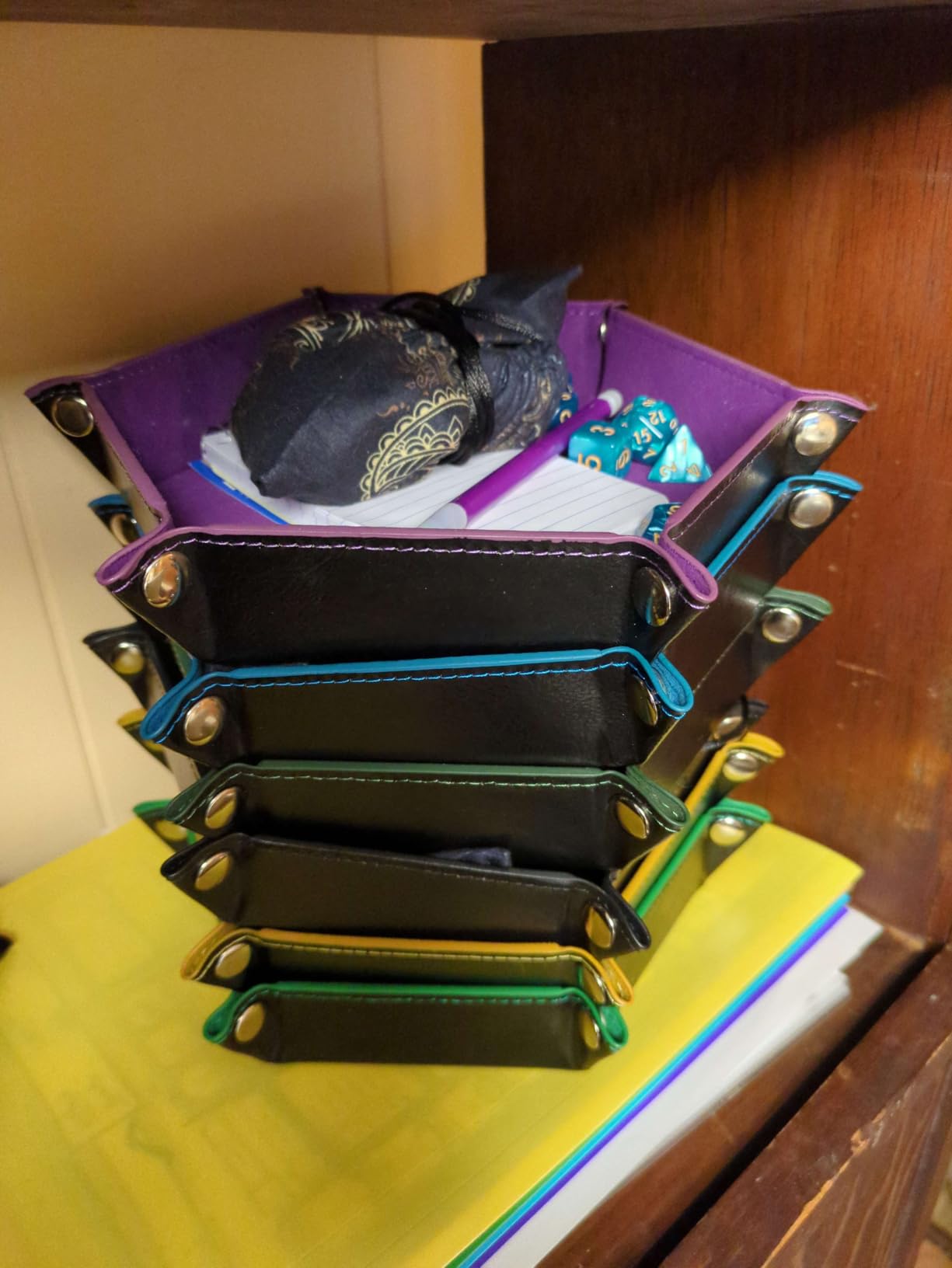 SIQUK 2 Pieces Dice Tray PU Leather Dice Trays Folding Hexagon Dice Holder Tray for Dice Games Like RPG, DND and Other Table Games (Cyan and Black) customer photo 2