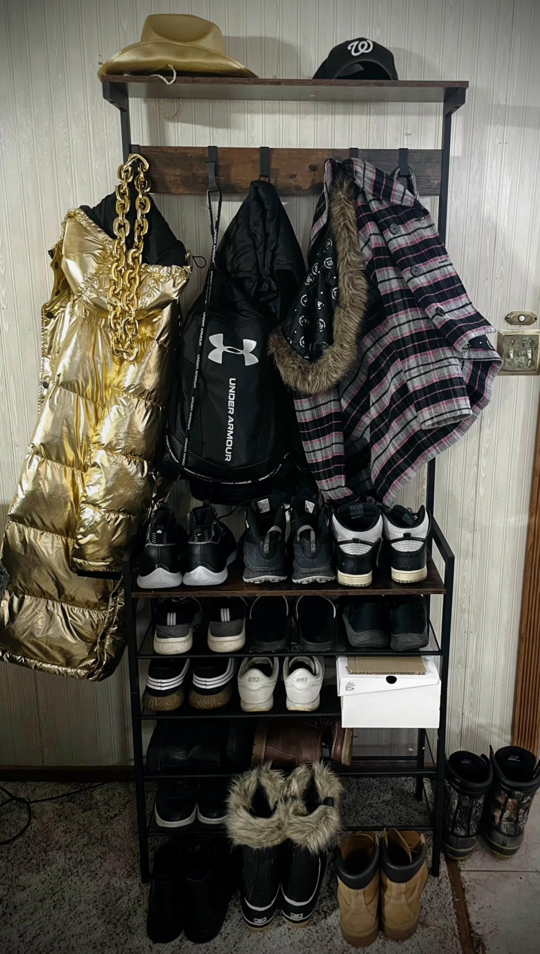 HOOBRO Hall Tree with Bench, Coat Rack with Shoe Storage, Shoe and Coat Rack, 5-Tier Entryway Shoe Storage, 5 Hooks, for 12-16 Pairs, Industrial, Hallway, Foyer, Mudroom, Rustic Brown BF74MT01 customer photo 1
