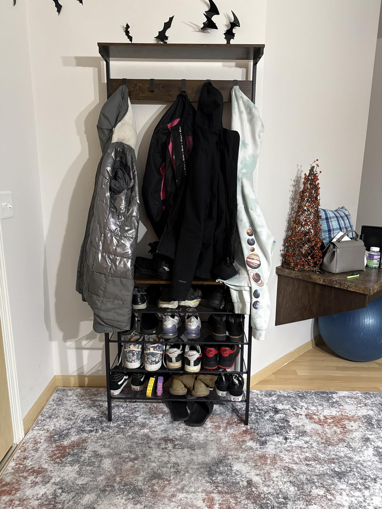 HOOBRO Hall Tree with Bench, Coat Rack with Shoe Storage, Shoe and Coat Rack, 5-Tier Entryway Shoe Storage, 5 Hooks, for 12-16 Pairs, Industrial, Hallway, Foyer, Mudroom, Rustic Brown BF74MT01 customer photo 2