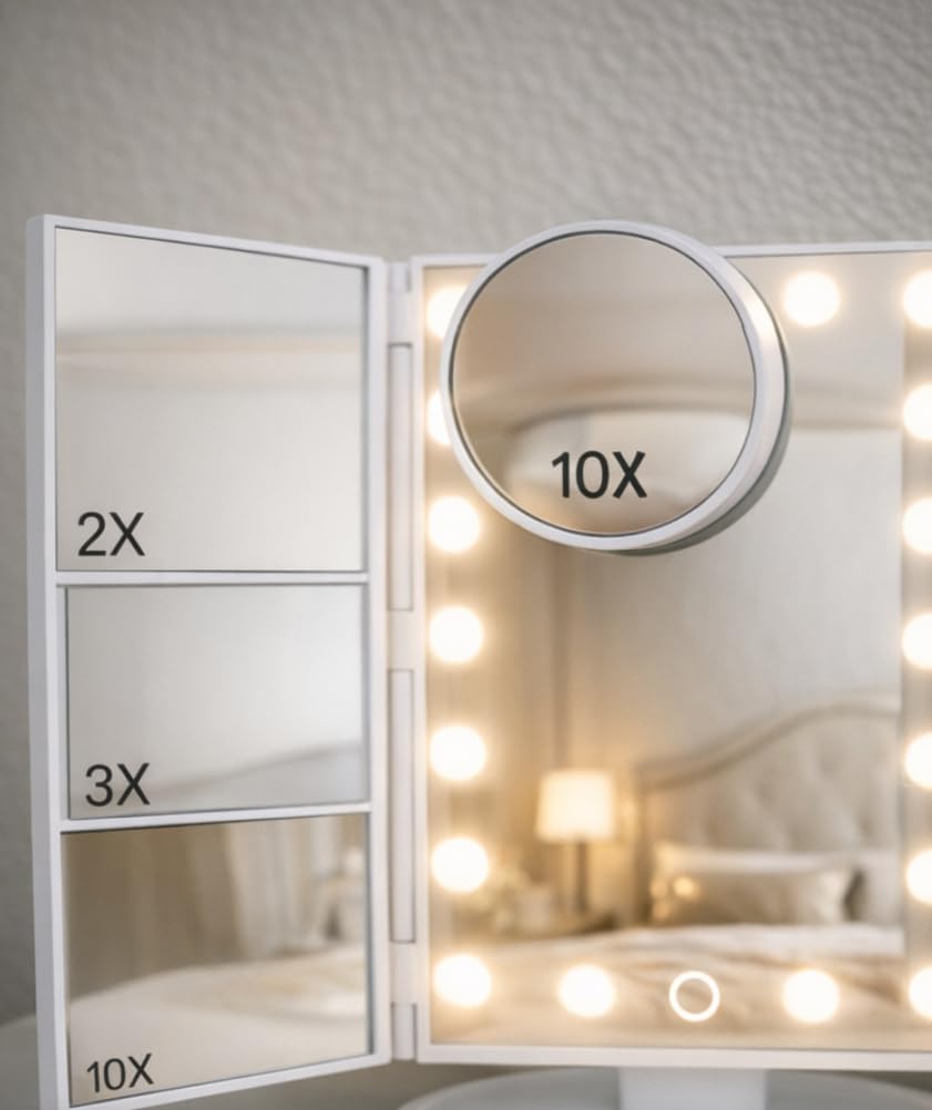 HUONUL Makeup Mirror, Vanity Mirror with Lights, 2X/3X/10X Magnification, Touch Control, Trifold, Dual Power Supply customer photo 1