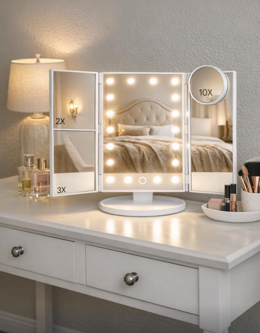 HUONUL Makeup Mirror, Vanity Mirror with Lights, 2X/3X/10X Magnification, Touch Control, Trifold, Dual Power Supply customer photo 2