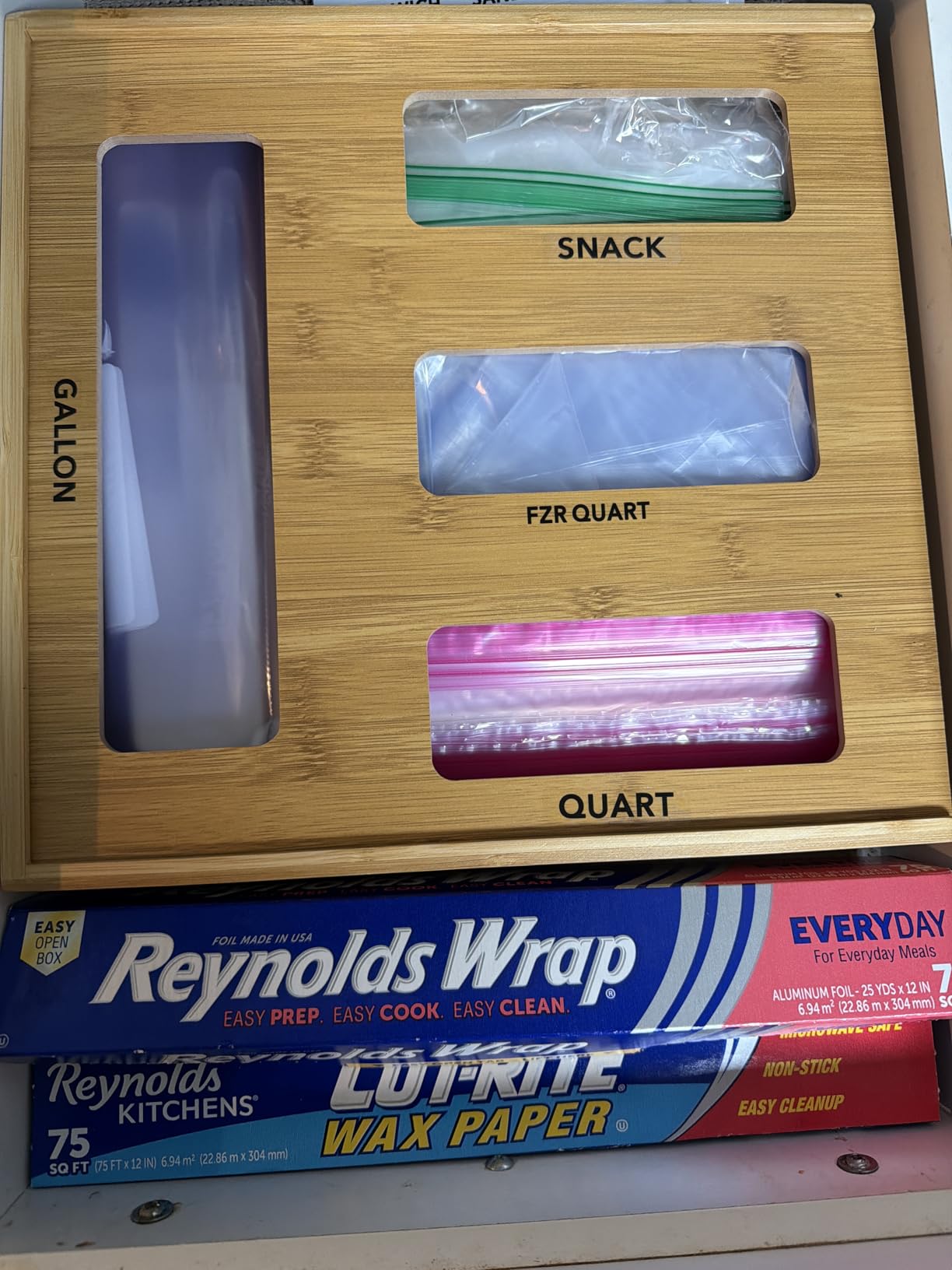 SpaceAid Bag Storage Organizer for Kitchen Drawer, Bamboo Organizer, Compatible with Gallon, Quart, Sandwich and Snack Variety Size Bag (1 Box 4 Slots) customer photo 2