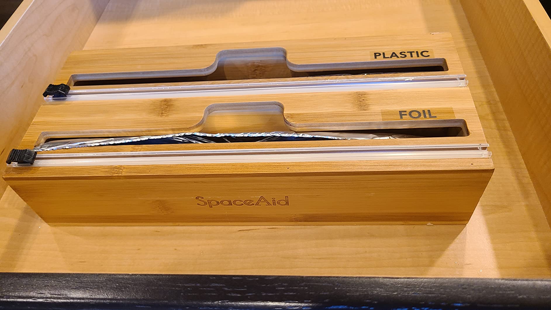 SpaceAid WrapNeat 2 in 1 Wrap Organizer with Cutter and Labels, Plastic Wrap, Aluminum Foil and Wax Bamboo Dispenser for Kitchen Storage Organization Holder for 12