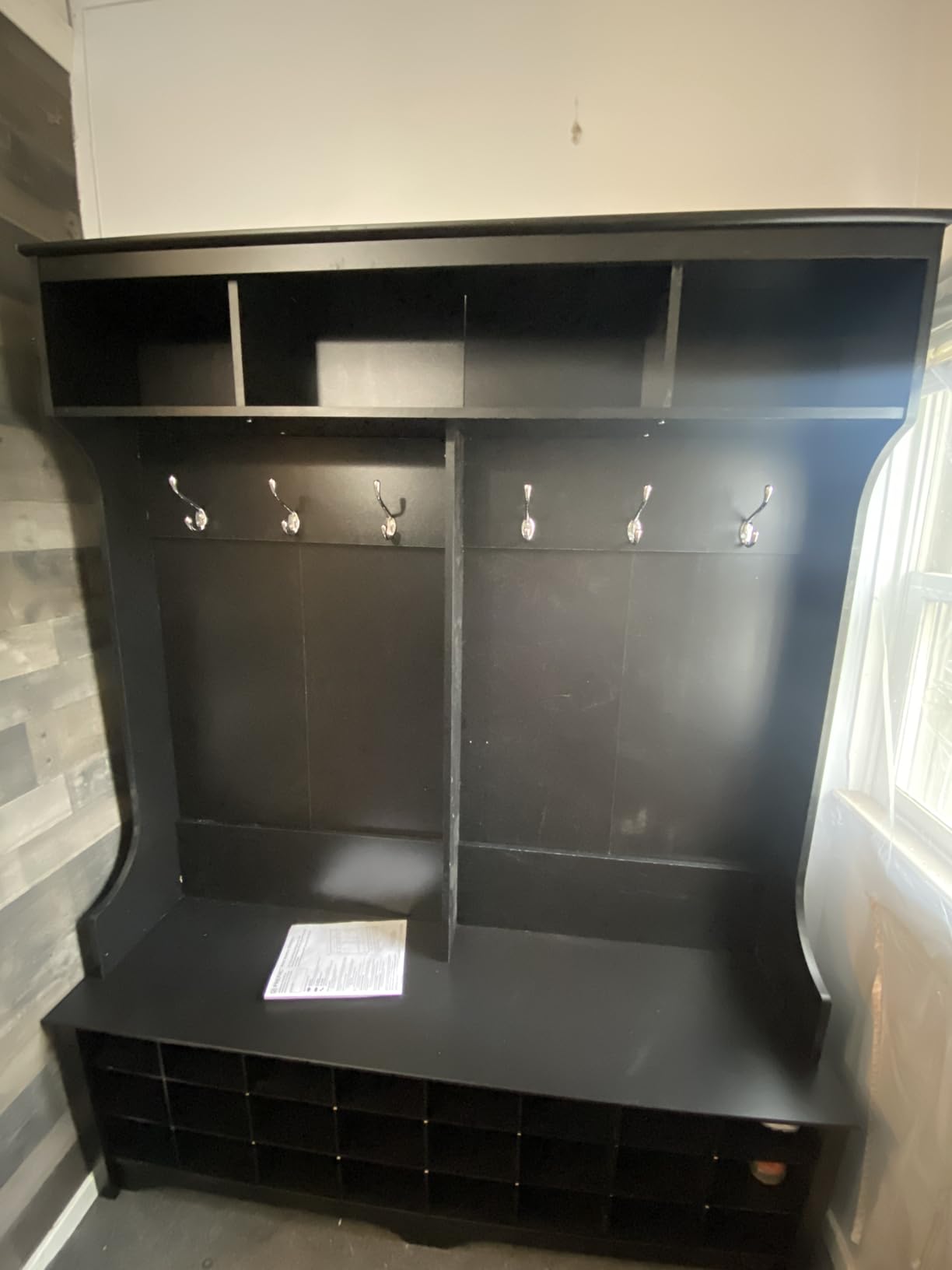 Prepac Black Hall Tree, Shoe Cabinet, Storage Cabinet with 24 Shoe Cubbies and 6 Double Coat Hooks 15.5