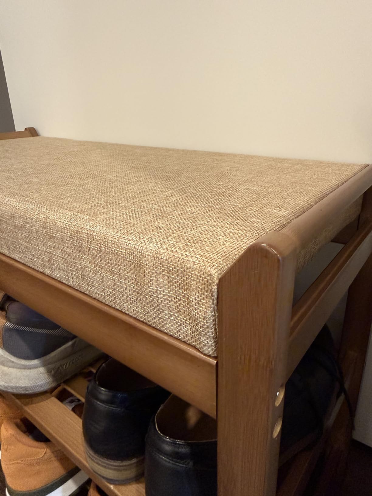 Shoe Bench with Hidden Drawer and Side Holder, 2 Tier Entryway Bench with Storage 39.4 in, Bamboo Shoe Rack with Cushion customer photo 2