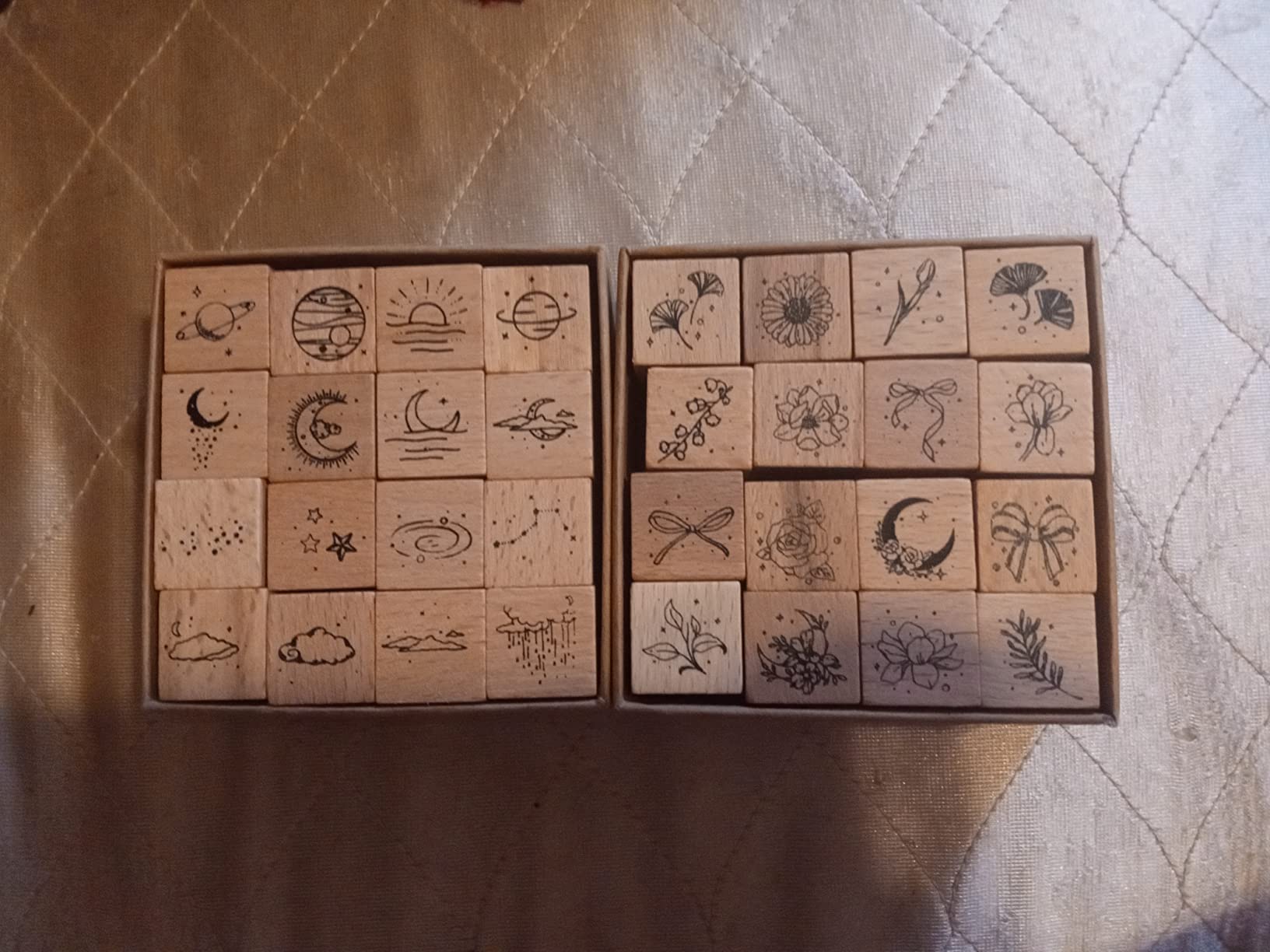 Hacaroa 32 Pieces Wooden Rubber Stamp Set, Moon Star Botanical Decorative Wood Stamps for Journal, Diary, Scrapbook, Card Making customer photo 2