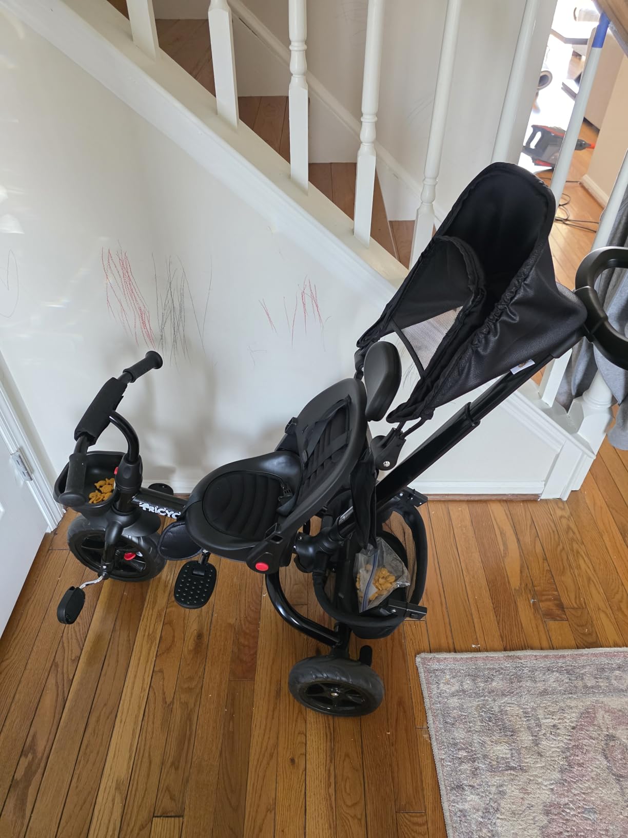 Qaba Kids Tricycle, 4 in 1 Foldable Trike with Reversible Seat, Adjustable Parent Handle, Safety Harness, Wheel Brakes, Removable Canopy, Storage, Tricycle for Toddlers 1-5 Years, Gray customer photo 1
