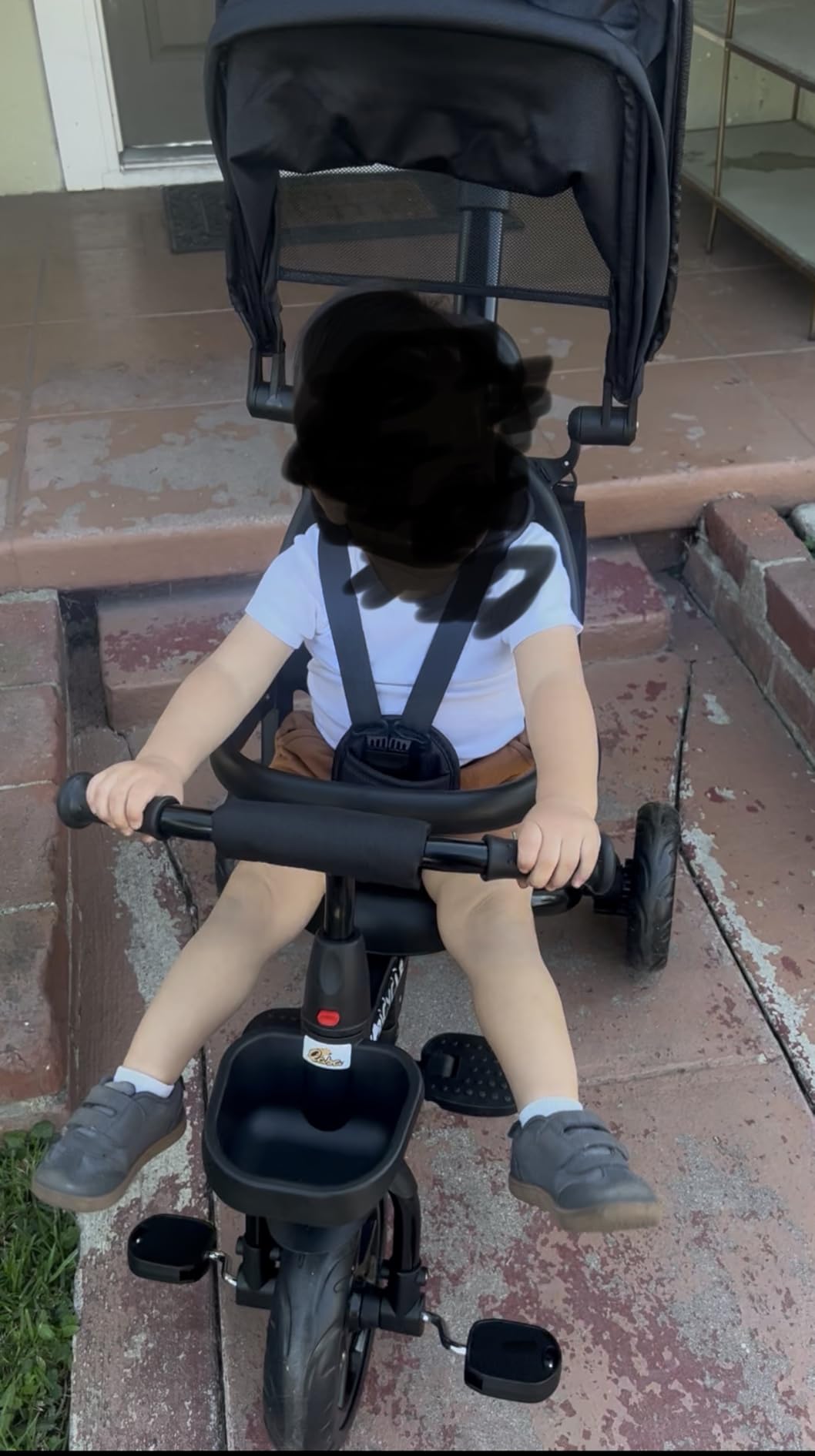 Qaba Kids Tricycle, 4 in 1 Foldable Trike with Reversible Seat, Adjustable Parent Handle, Safety Harness, Wheel Brakes, Removable Canopy, Storage, Tricycle for Toddlers 1-5 Years, Gray customer photo 2