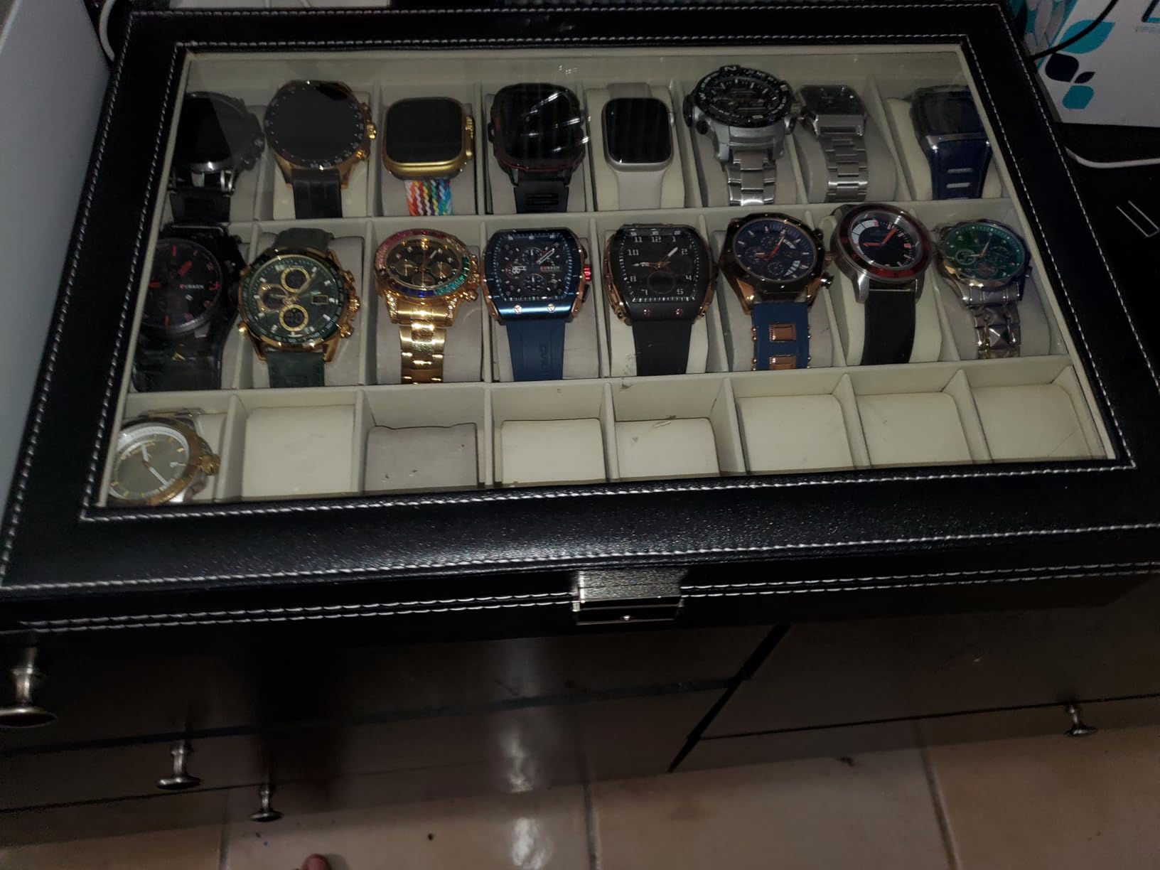 FLKQC 24 Slots Watch Box | Watch Case Display Organizer, Watch Display Case Glass Top for Men Women PU Leather Display Storage Collection Organizer Jewelry Case with Removable Pillows customer photo 1
