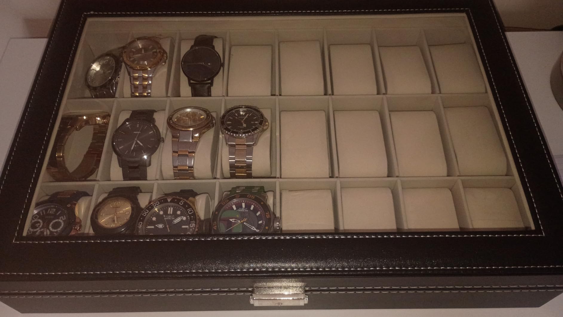 FLKQC 24 Slots Watch Box | Watch Case Display Organizer, Watch Display Case Glass Top for Men Women PU Leather Display Storage Collection Organizer Jewelry Case with Removable Pillows customer photo 2