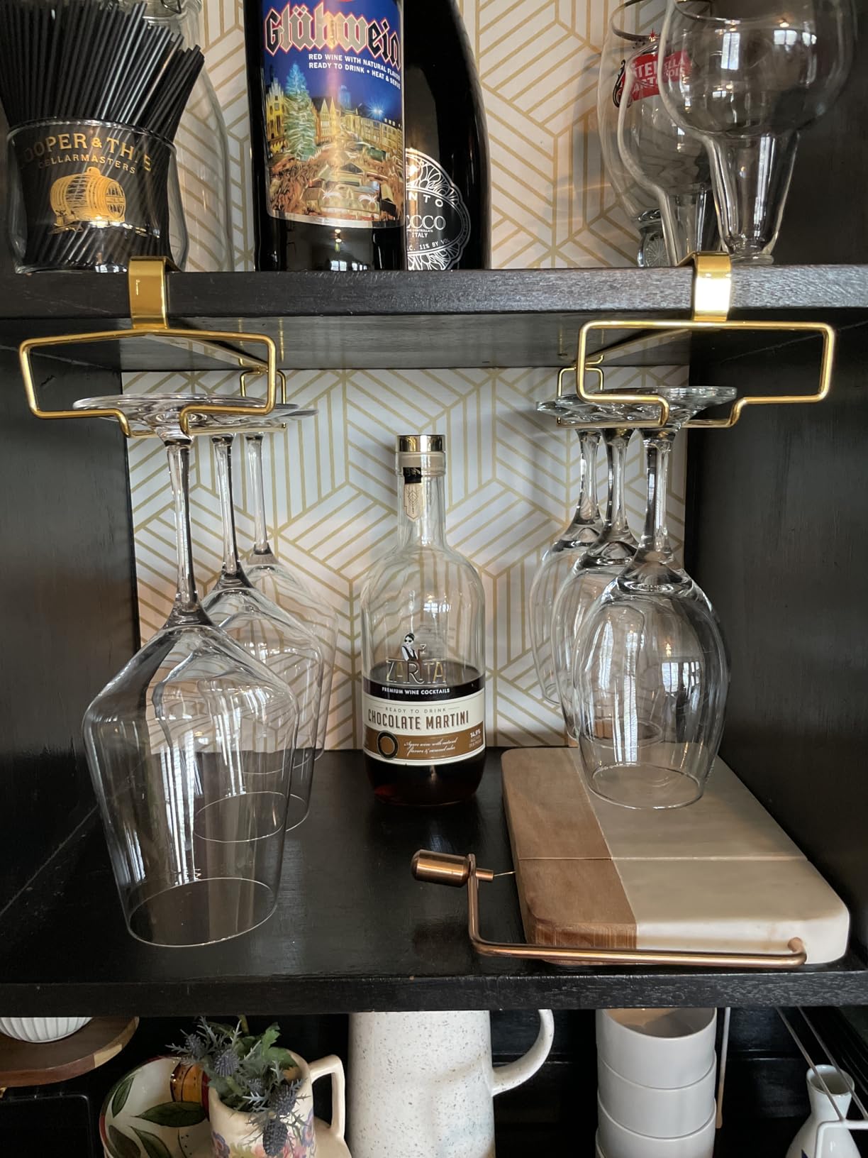 LINFIDITE Wine Glass Holder 2PCS Stemware Rack Hanger Under Cabinet Wine Glass Rack Kitchen Hanging Storage Rack Organizer,Black (For Partition Thickness under 0.98in) customer photo 1