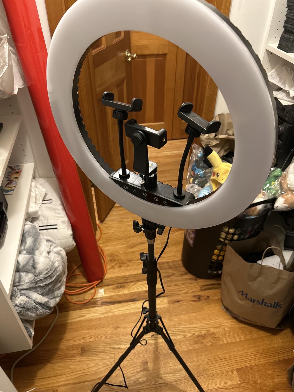 Upgraded 18 inch LED Ring Light with Tripod Stand, Selfie Ring Light with Touch Panel for Makeup Studio Portrait YouTube Vlog Video Shooting with Carrying Bag and Remote Controller, CRI>90 customer photo 1″ class=”wp-image-customer”/></figure>
<p>The aluminum alloy tripod extends from 31.5 to 72.8 inches, handling everything from desktop beauty tutorials to standing presentations. Three hot shoe ports let you mount microphones, secondary cameras, or monitors directly on the ring light structure. Two USB ports provide convenient device charging while filming.</p>
<p>During testing, the Bluetooth remote and IR controller proved genuinely useful. Start recording from your position without reaching for your camera. The included phone holders work with both horizontal and vertical orientations, perfect for creators posting to multiple platforms.</p>
<figure class=
