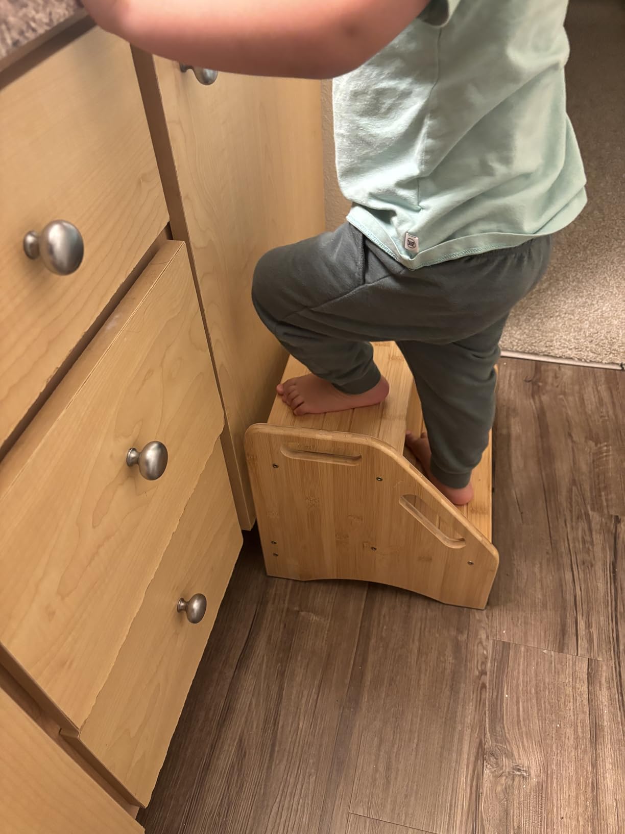 AMBIRD Wooden Step Stool, Two Step Stools Toddler 300 lbs Capacity with Safety Non-Slip Pads and Handles, Bamboo Step Stool for Bathroom, Kitchen Dual Height Step Stools for Kids (Natural) customer photo 2