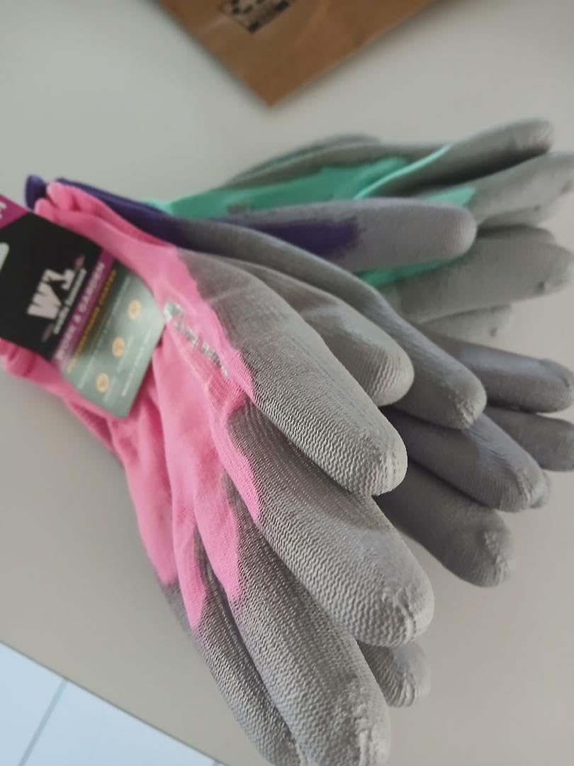 Wells Lamont Gardening Gloves for Women - Breathable Polyester, Seamless Fit - PU-Coated Palm for Grip & Durability - Elastic Wrist - Pink/Green/Purple, Medium, Pack of 3 (413MF) customer photo 1