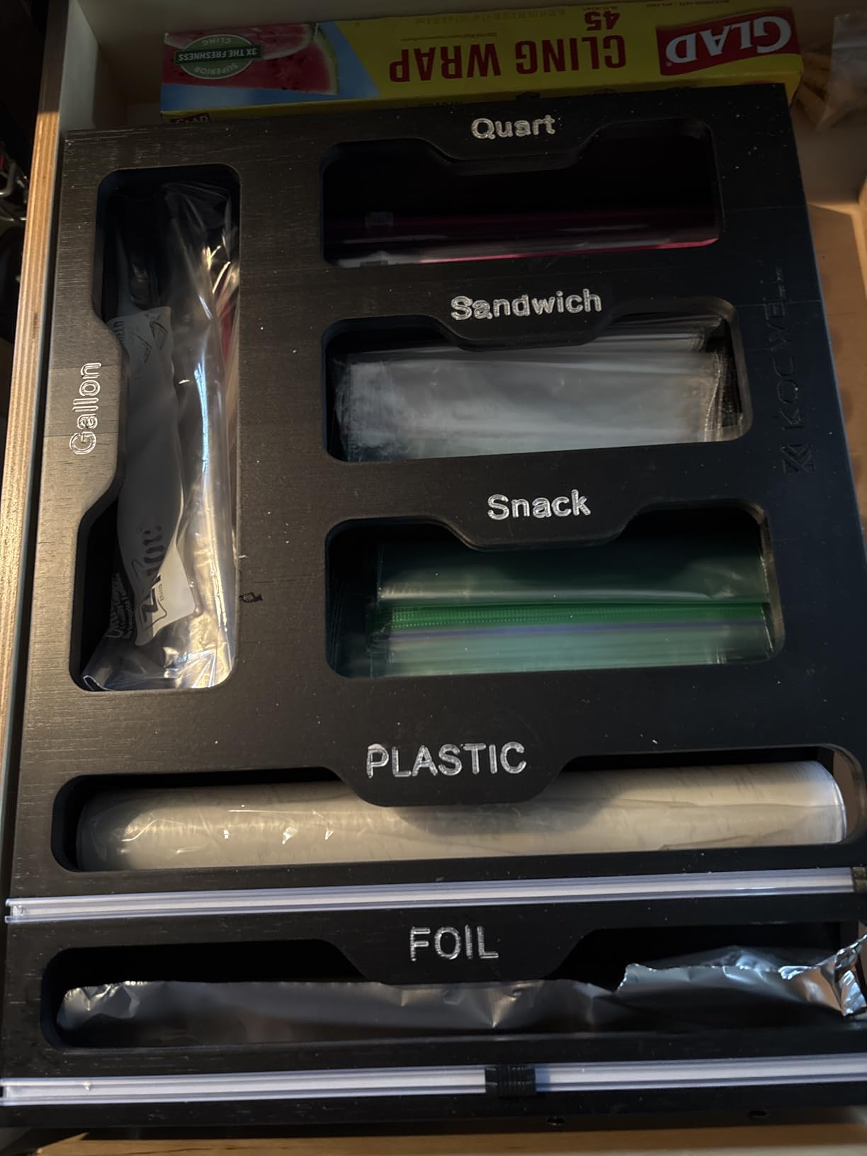 KOCWELL Bag Organizer and Plastic Wrap Dispenser with Cutter, 6 In 1 Bamboo Foil and Plastic Wrap Organizer for Kitchen Drawer, Food Storage Bag Organizer for Gallon,Quart,Sandwich,Snack customer photo 1