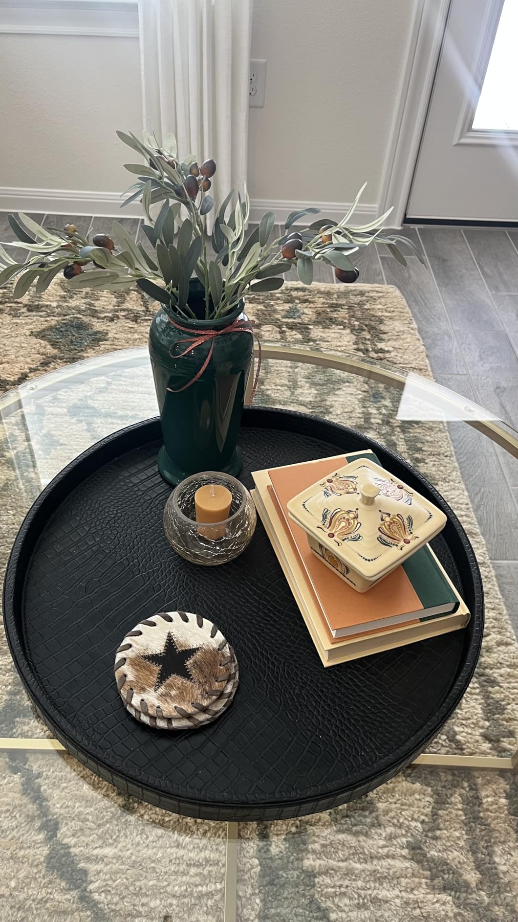HofferRuffer Faux Leather Round Serving Tray, Vegan Croco Leather Decorative Food Tray for Storage Drinks, Snack & Cosmetics, Dia.12'' x 1.6'' (Antique Brown) customer photo 1