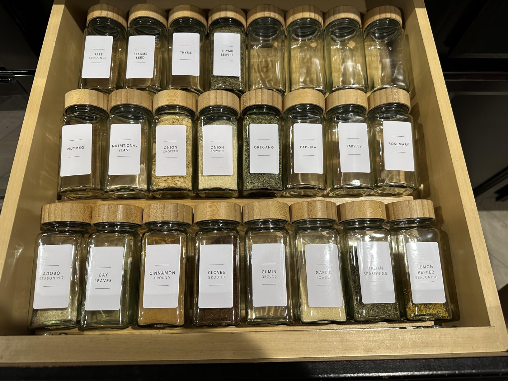 SpaceAid Bamboo Spice Drawer Organizer with 24 Spice Jars, 378 White Minimalist Spice Labels, 3 Tier Seasoning Rack Tray Insert for Kitchen Drawers, 15